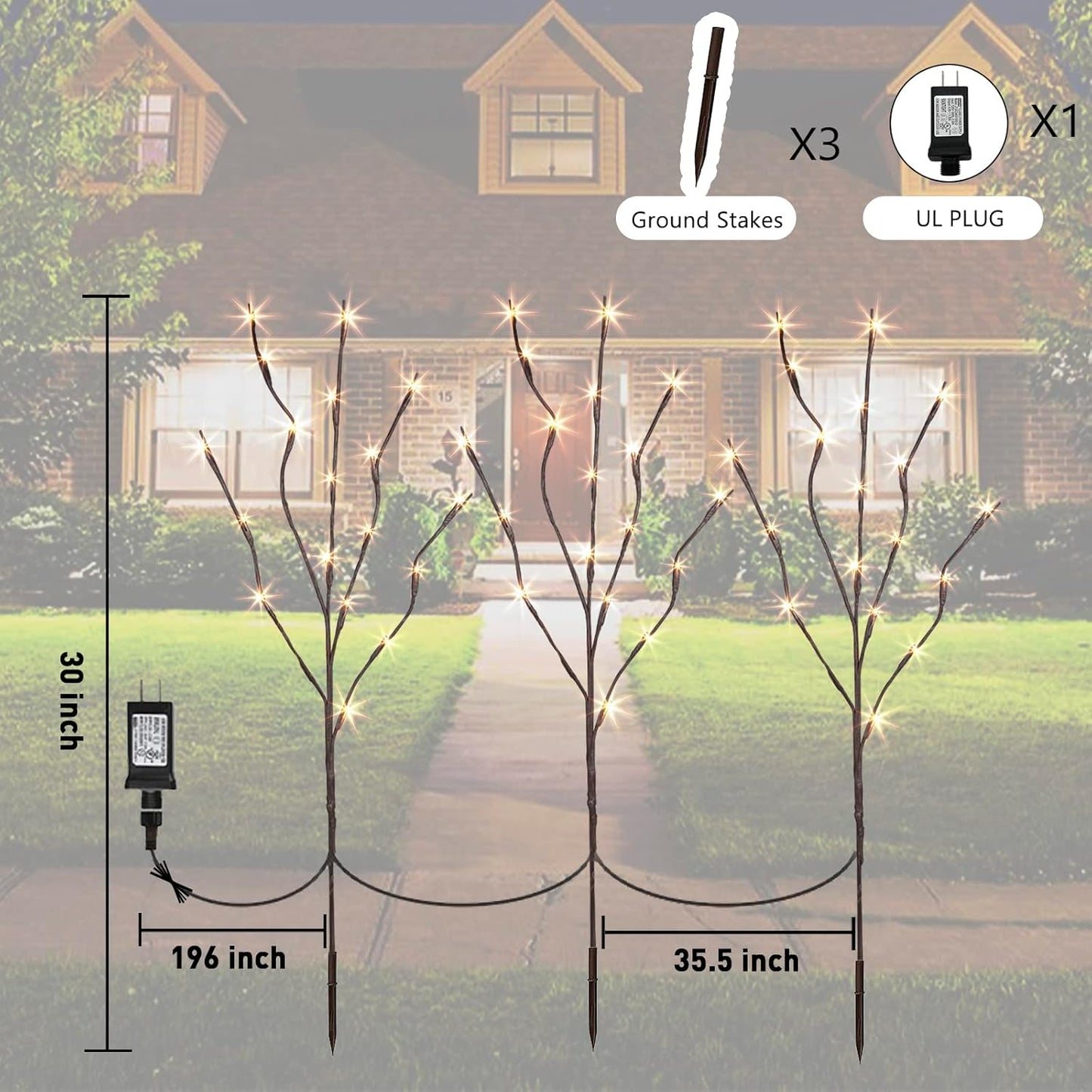 PEIDUO Lighted Brown Branches with Timer, 30Inch 3PK 60 LED Pathway Lights, Willow Branch Lights for Home Decorations Indoor Apartment Outdoor Stake Lights for Lawn