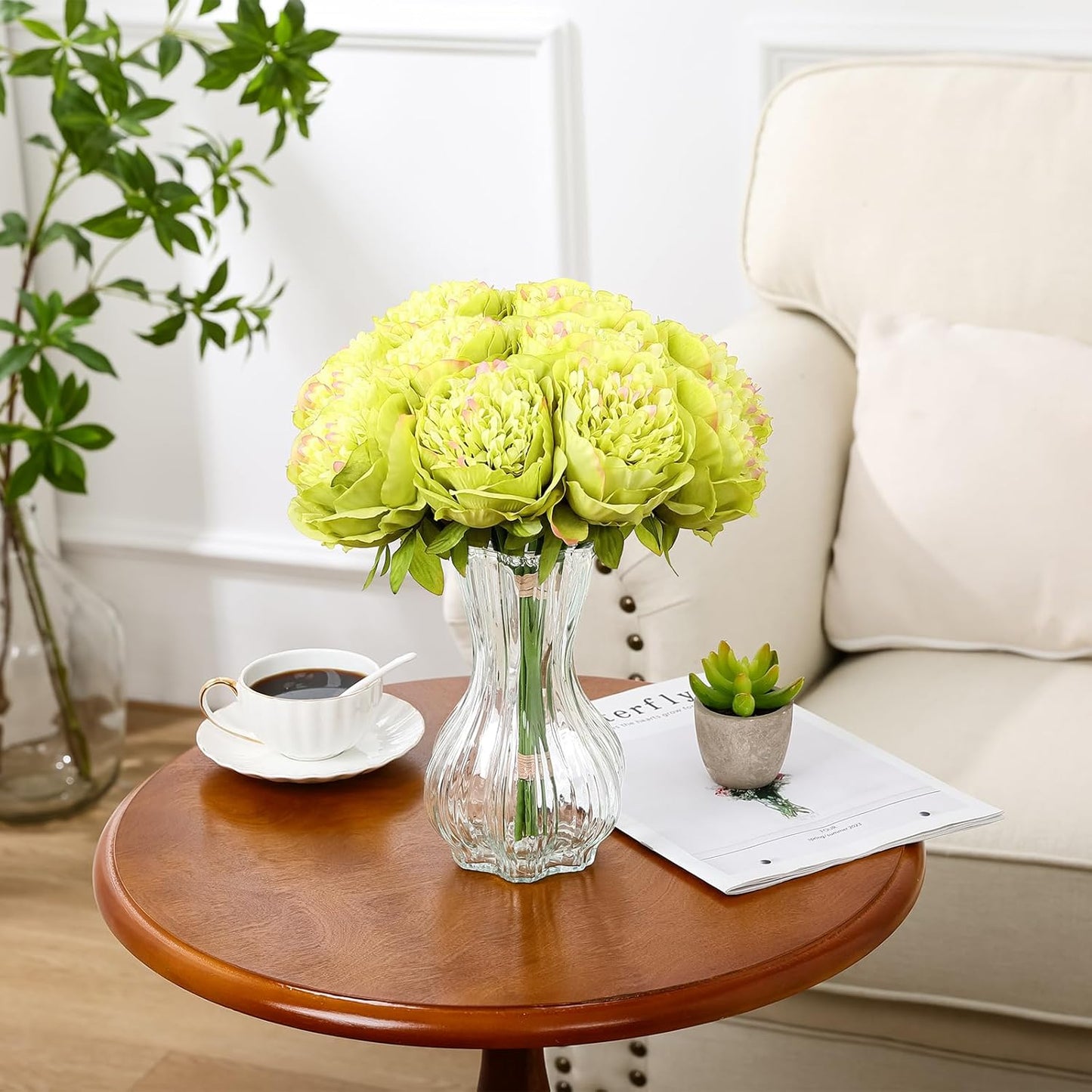 U'Artlines 10 Heads Artificial Peony Silk Flower Leaf Home Office Wedding Party Festival Bar Decor (Green)