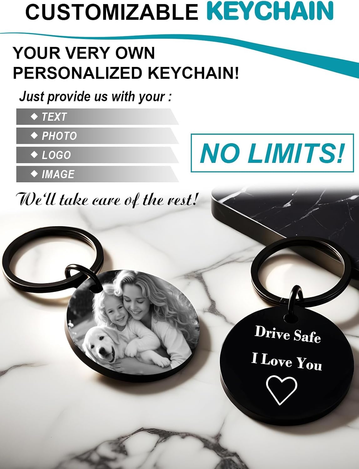 Custom Keychain with Picture - Personalized Photo LOGO Text Customized Key Chain for Boyfriend Dad Men Gifts