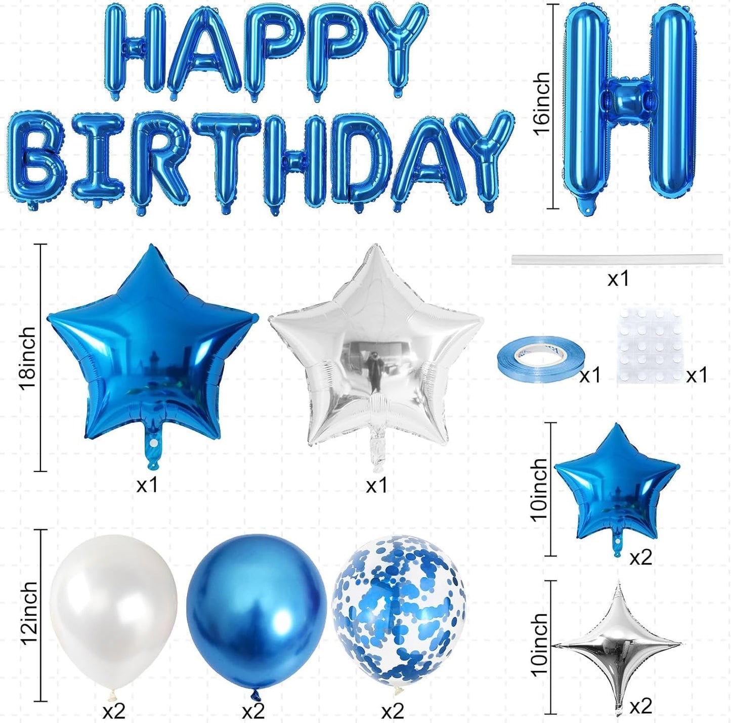 Happy Birthday Balloon Banner Blue Silver, 16 Inch Mylar Foil Letter Balloons, Reusable Birthday Decorations with Blue and Silver Balloons, Inflatable Party Supplies for Women Men Boys Girls Decor