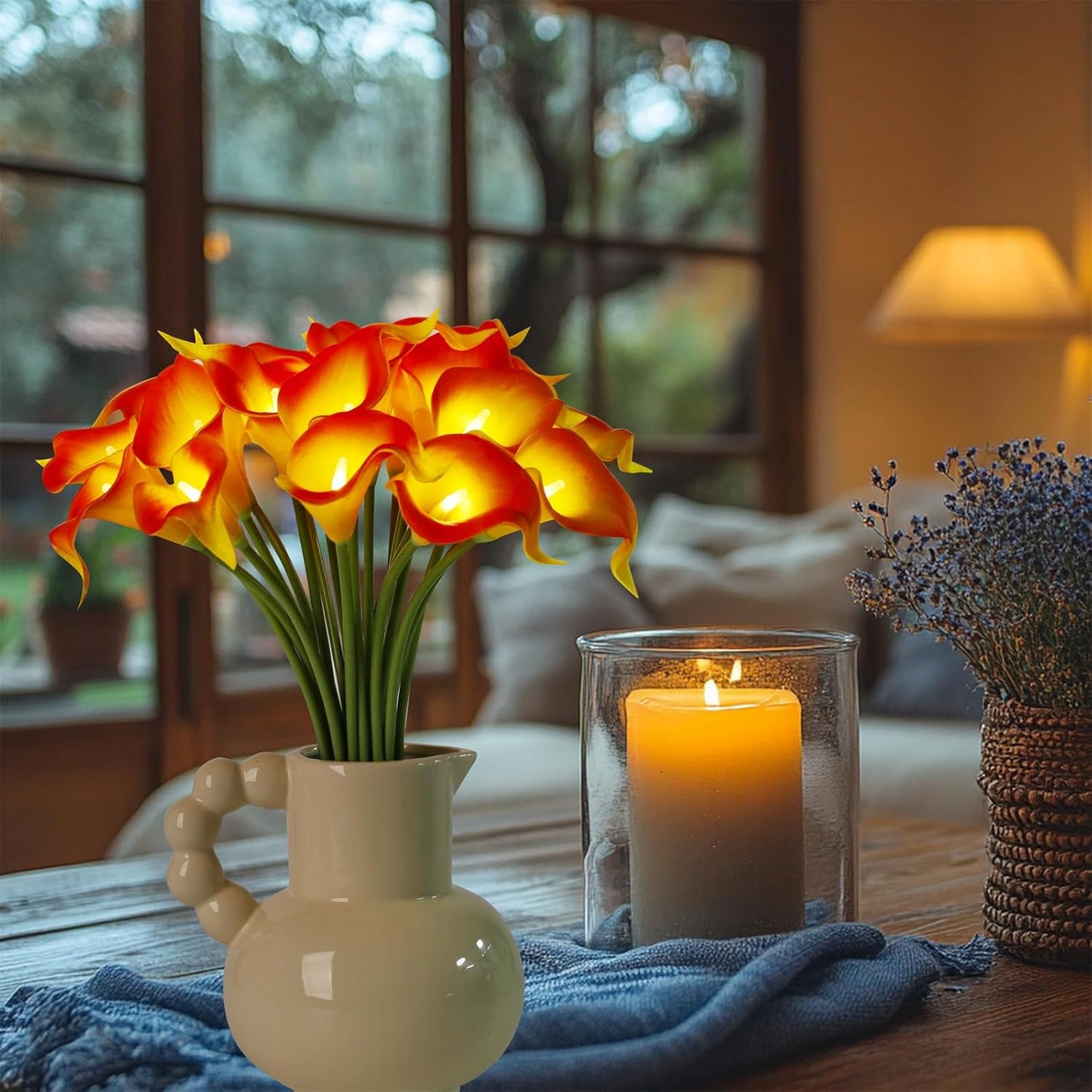20pcs Artificial Calla Lily Bouquet Lamp Faux Floarl Night Light Real Touch Flower Night Lamp LED Calla Lily Artificial Flower Light for Christmas Gifts Home Kitchen Decor(Orange)