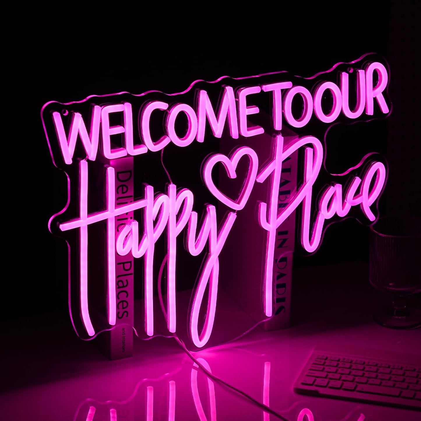 Welcome To Our Happy Place Neon Sign LED Pink Our Happy Place Neon Light With USB for Wall Decor Dimmable Happy Letters Light Up Sign for Bedroom Wedding Party Home Decor (16.7 * 12.6In)