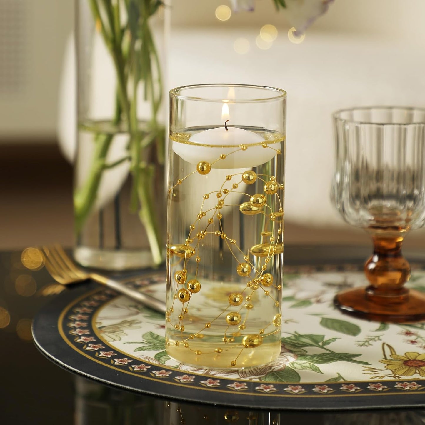 Set of 12 Glass Cylinder Vases for Centerpieces with 8 Pack Vase filler 12 Pearl String 24 White Floating Candles for Centerpieces, Table Center pieces for Wedding Party Home Decor 5, 6, 8 Inch