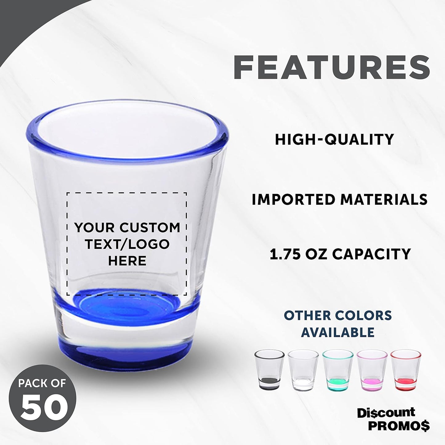 Custom Shot Glasses 1.75 oz. Set of 50, Personalized Bulk Pack - Great for Wedding Favors, Bachelorette Party Decorations, Party Fovors, Color Bottom - Blue