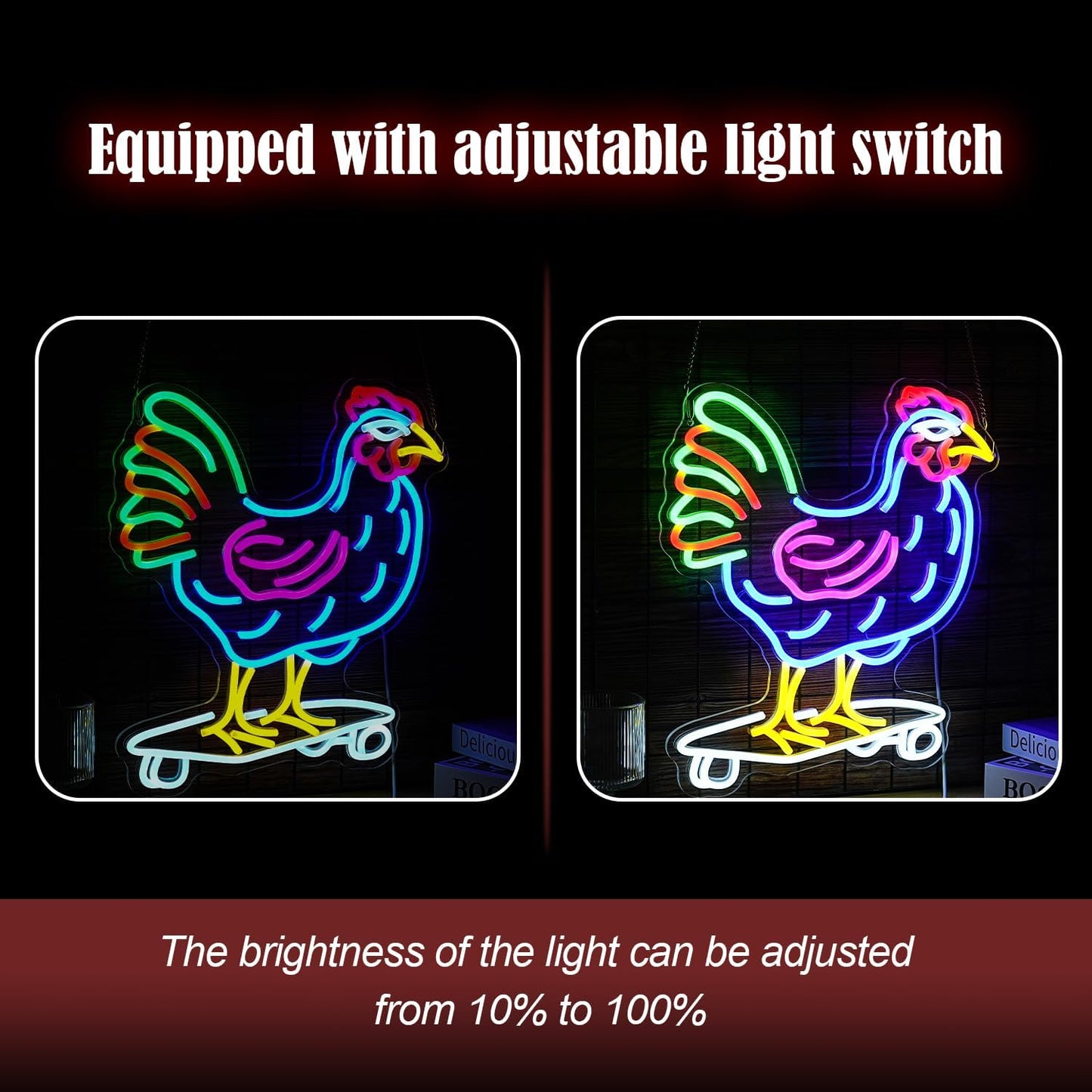 Dimmable Chicken Neon Sign for Wall Decor Funny Skateboarding Rooster LED Neon Light USB Powered Light Up Animal Sign for Bedroom Birthday Party Kids Gifts(16.5 * 13In）