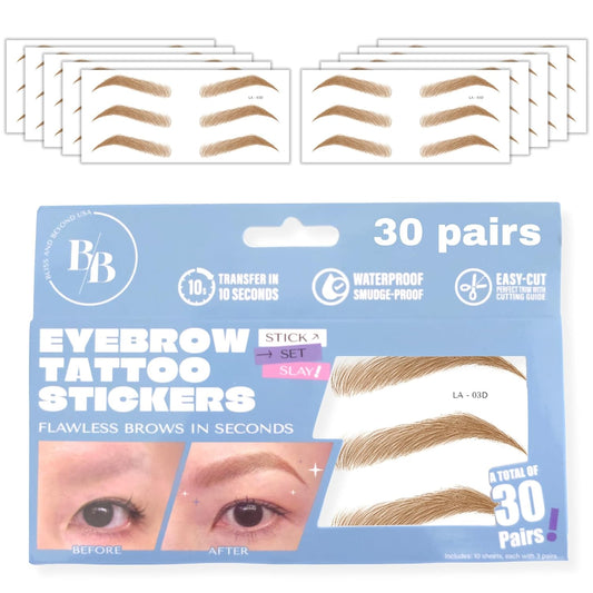 Bliss and Beyond USA Eyebrow Tattoo Stickers Waterproof – 30-Pair Deluxe Box | Realistic Hair-Like Temporary Brows for Alopecia, Cancer, and Hair Loss (Light Brown, Dramatic Los Angeles)