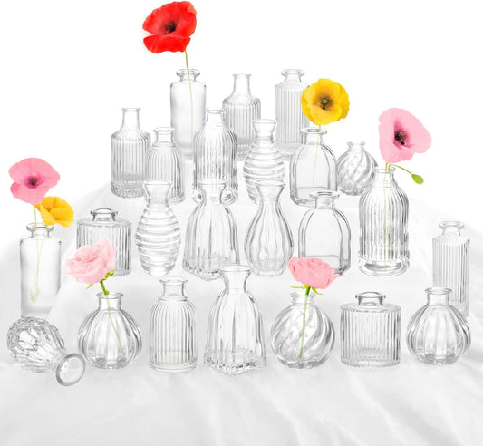 Bud Vases in Bulk 24, Small Glass Vase for Centerpieces, Vintage Vases for Decor, Mini Clear Single Flower Vase Bulk for Wedding Decor Rustic Decorative Christmas Vases Set Home Table Decorations