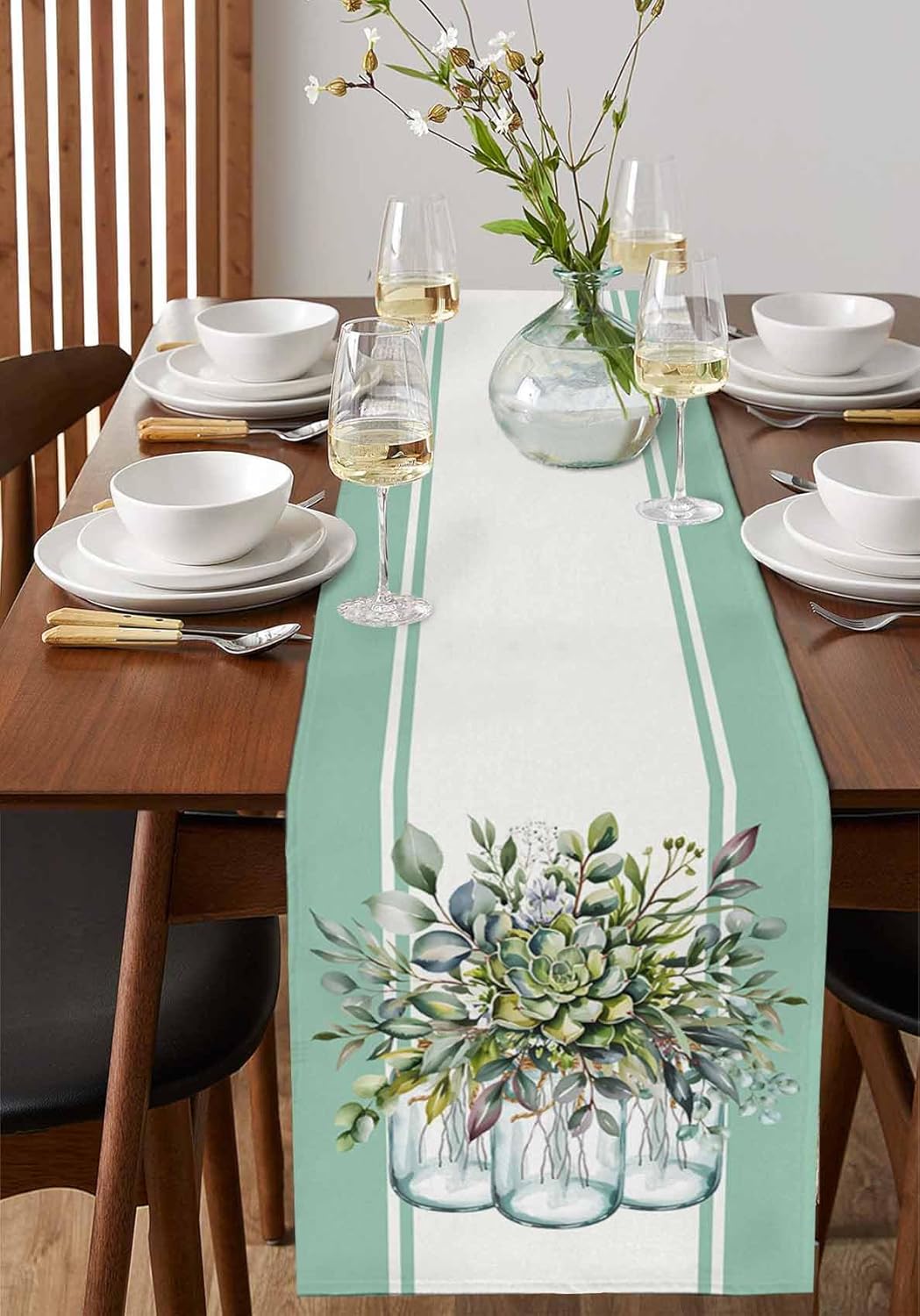 Eucalyptus Cotton Linen Table Runner for Dining Kitchen, Wedding Outdoor Party Tablerunners Decoration, Green Leaves Botanical Plants Watercolor Dresser Scarf Coffee Tablecloth Runners 13x90 Inches