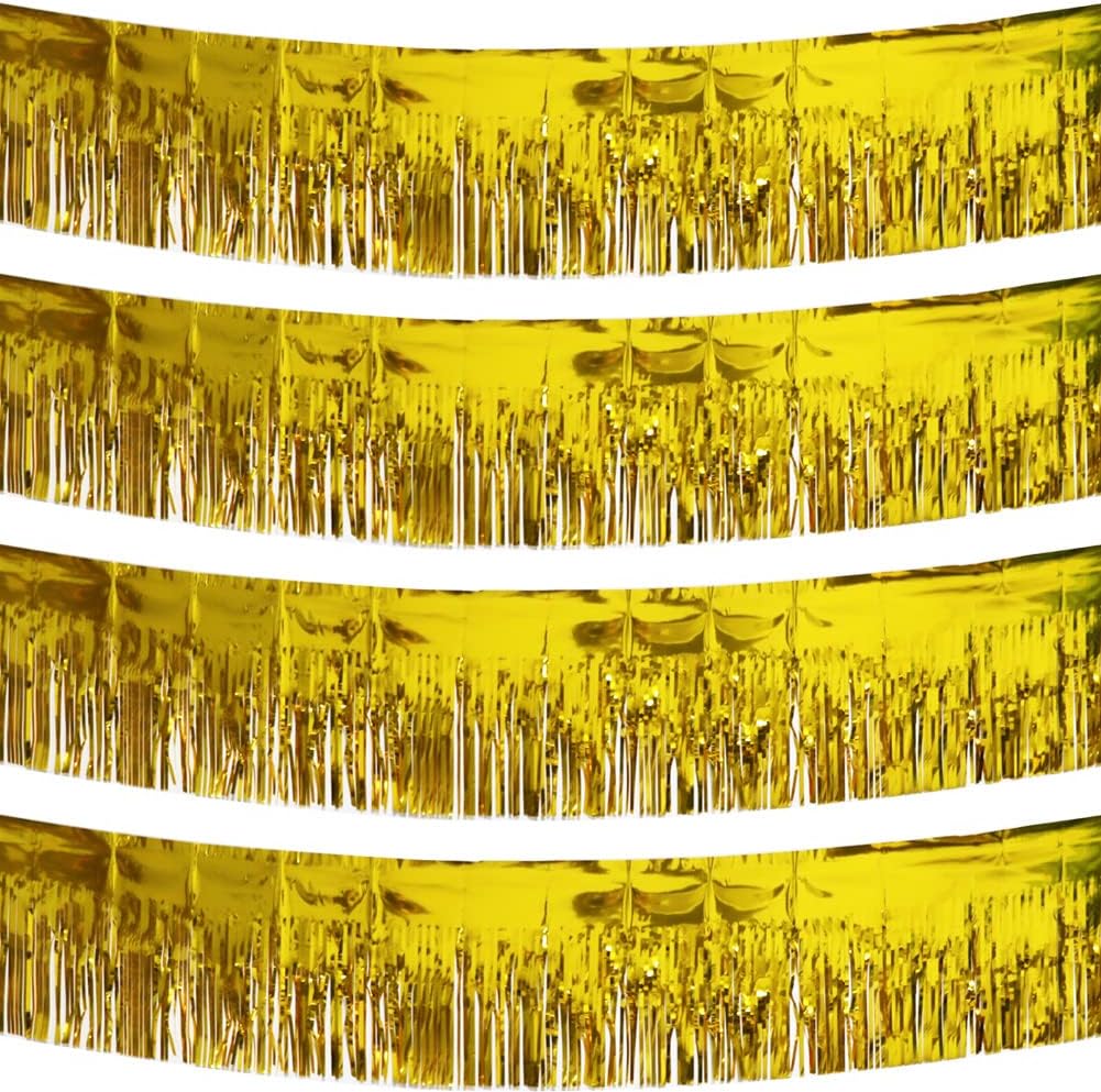 4 Pack Gold Total 40 Feet Foil Fringe Garland Metallic Tinsel Banner Wall Hanging Drapes Parade Float Skirting Decorations for Trailer Mardi Gras Party Birthday Wedding Baby Shower