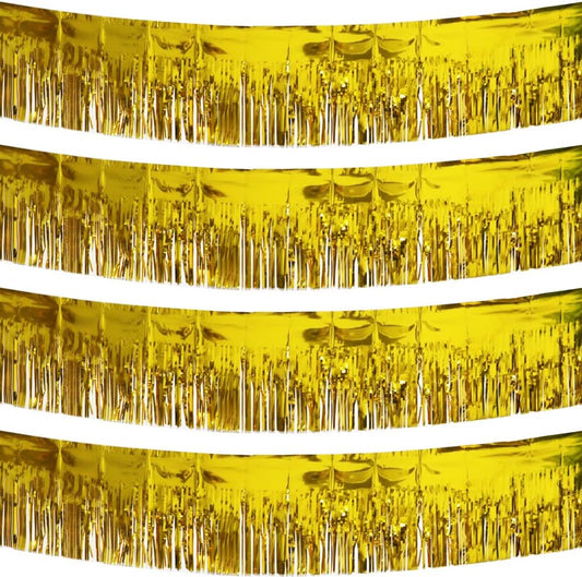 4 Pack Gold Total 40 Feet Foil Fringe Garland Metallic Tinsel Banner Wall Hanging Drapes Parade Float Skirting Decorations for Trailer Mardi Gras Party Birthday Wedding Baby Shower
