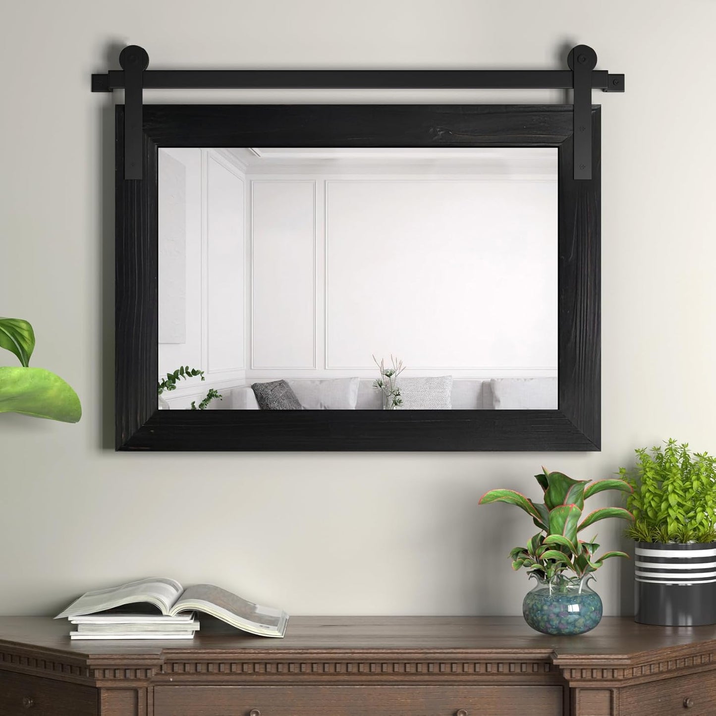 COGOOD Farmhouse Barn Door Mirror - 25" x 18" Rustic Wood Framed Decrative Mirror for Bathroom, Living Room, Entryway Wall Decor (Black)