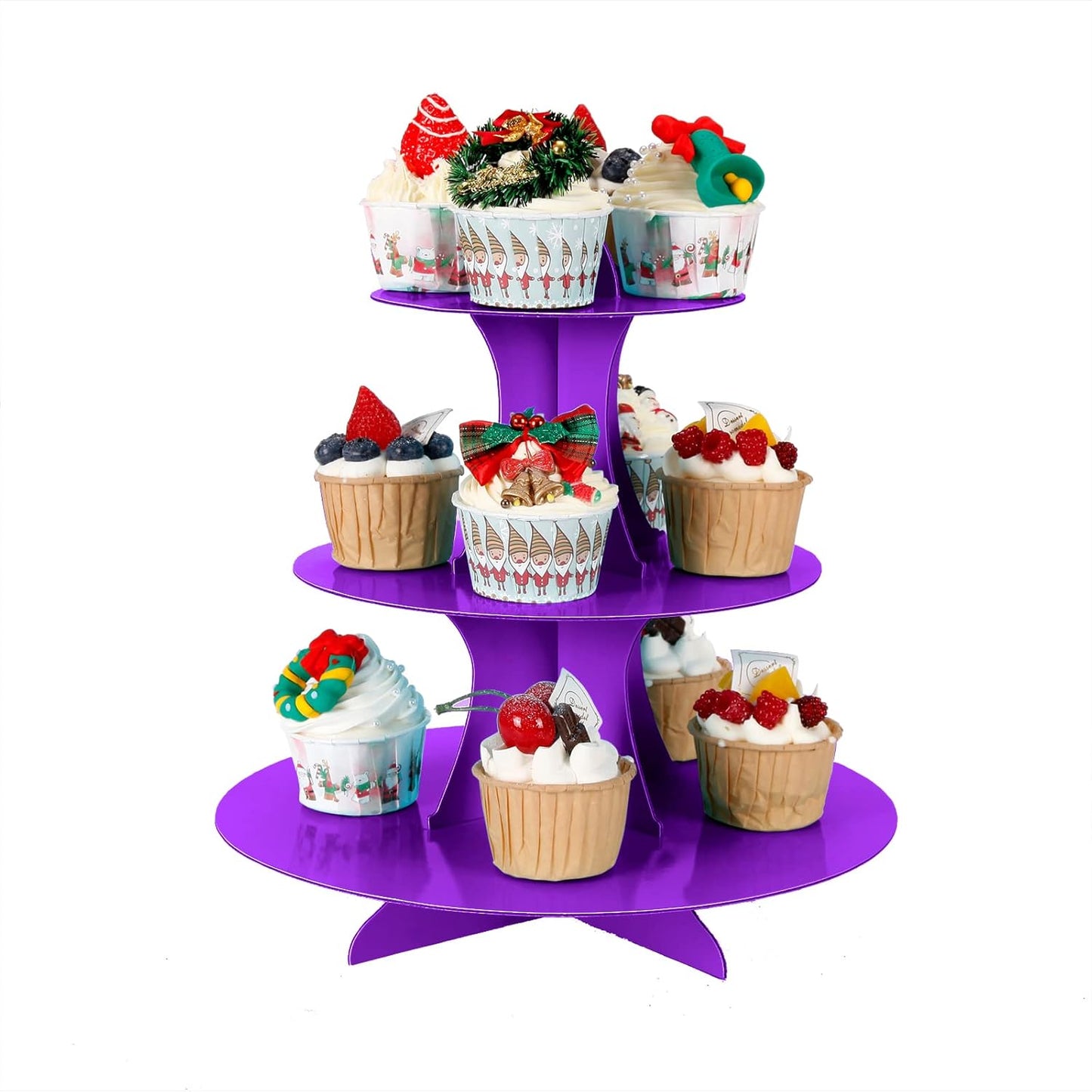 3-Tier Cupcake Stand, Cake Stand holder, Tiered DIY Cupcake Stand Tower for Dessert Table Displays, Birthday Theme Party Favors Decoration, Floral Tea Party, 12" W x 12.8" H, Purple