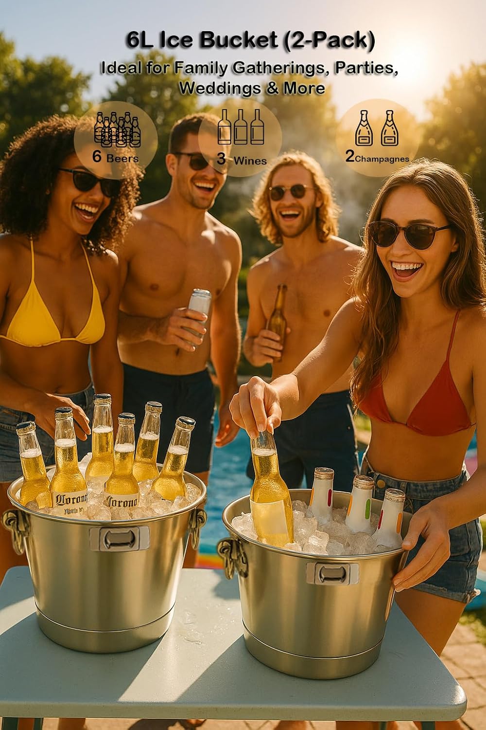 Silver 6L/6.34 Quart Ice Bucket 2Pack with Beer Opener for Party, Mimosa Bar Supplies. Stainless-Steel Beverage Tubs for Champagne Wine Cocktails, Metal Drink Cooler Holder Double Handles