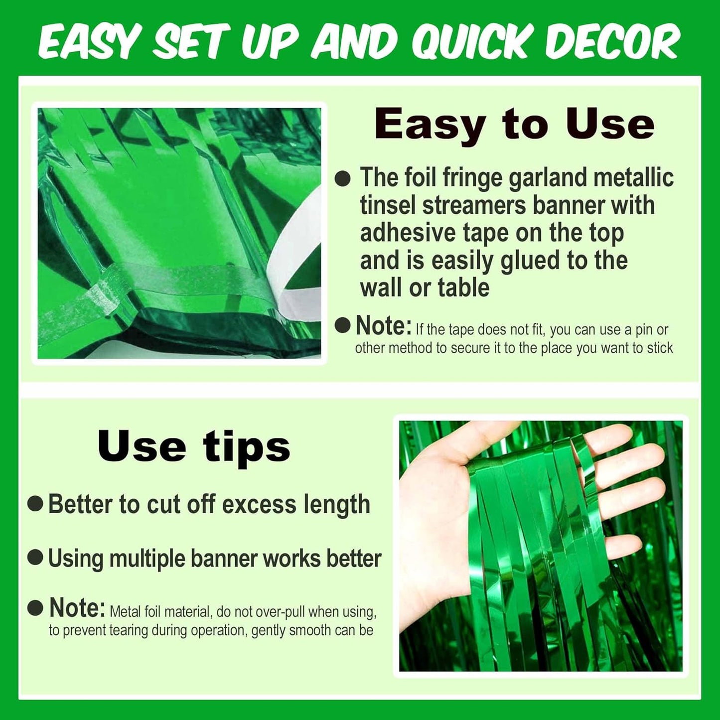 4 Pack 10 Ft Green Foil Fringe Garland Metallic Streamers Tinsel Banner Wall Hanging Garland Backdrop for Parade Floats, Halloween, Christmas, Thanksgiving, New Year Party Decorations