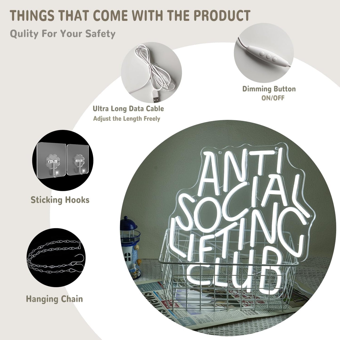 Anti Social Lifting Club Neon Sign for Wall Decor Gym Neon Light Lifting LED Neon Sign Letter Led Neon Light for Gym Man Cave Lifting Club Decoration