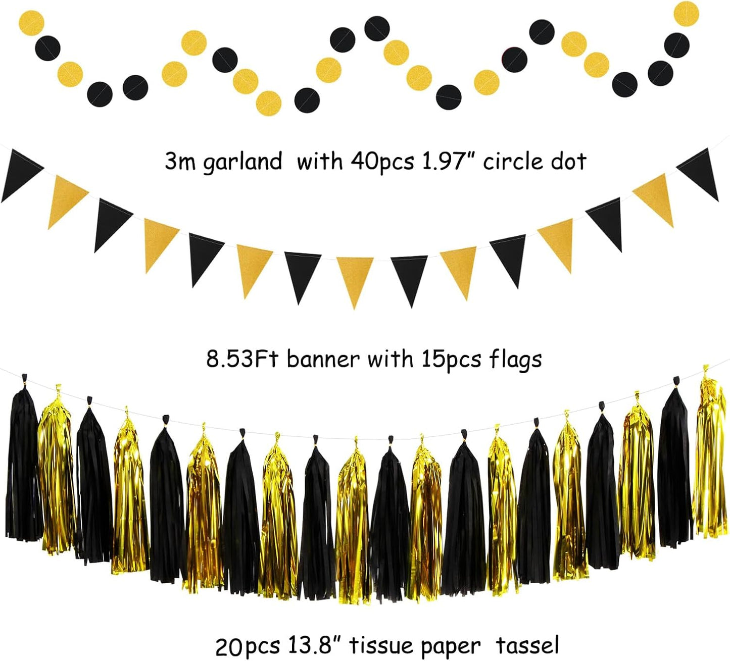 Black-Gold Graduation Party-Decorations - 33pcs Kits Banner, Streamers Tassel Garland,Tissue Pom Poms Honeycomb, Paper Lantern Fans,Wedding New Year Birthday Baby Shower Decor Hugtmr