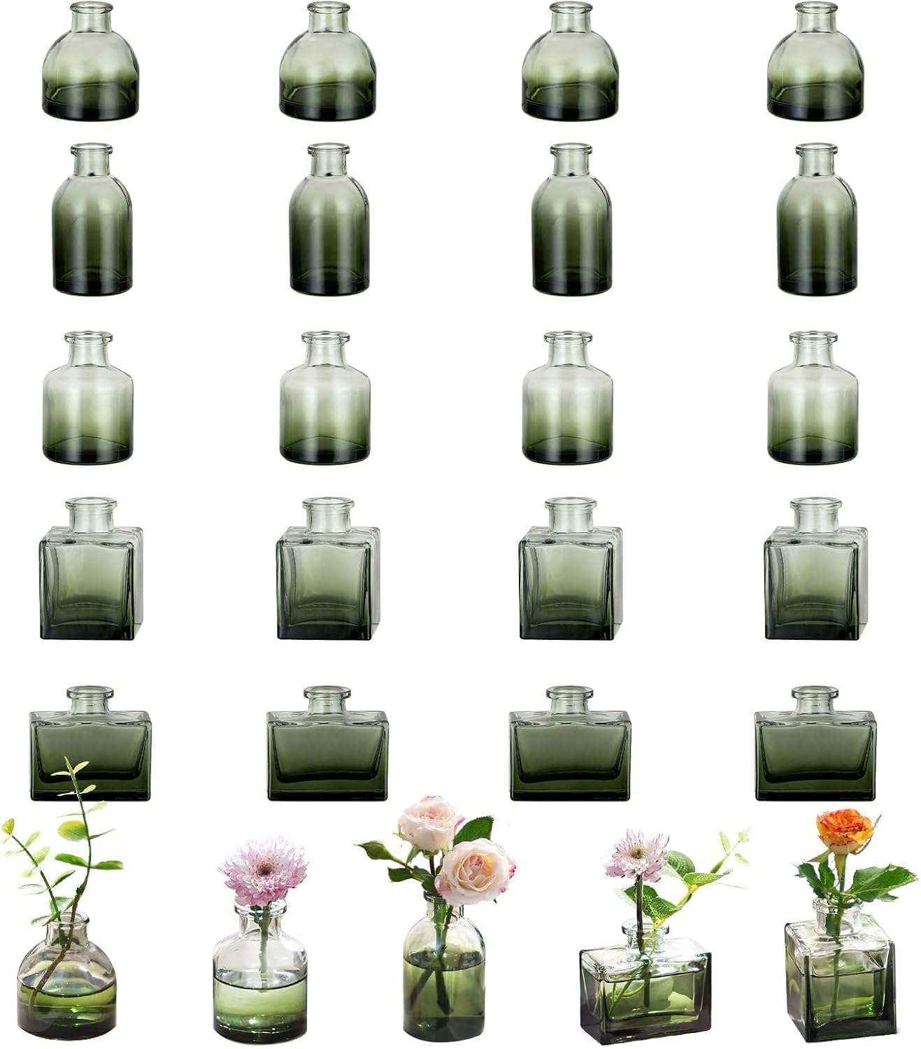 Glasseam Mini Bud Vases for Centerpieces: Clear Small Flower Vase Set of 20 Cute Tiny Glass Table Centerpieces Modern Wedding Birthday Party Baby Shower Dining Room Decoration Green