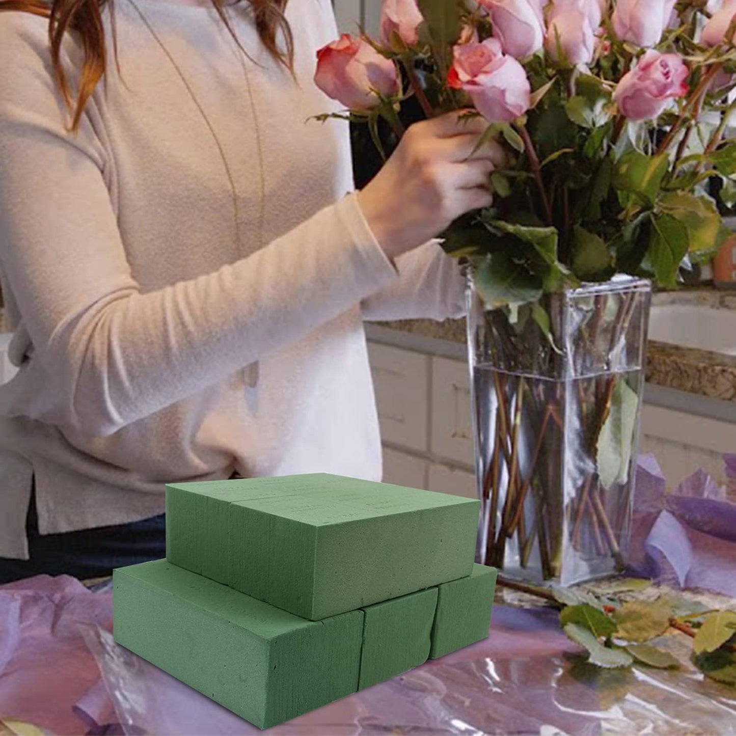 KIMOBER Wet Floral Foam Bricks,Large 9''Lx4''Wx3''H Green Foam Blocks for Flower Arrangement, Wedding,Party Decoration, Pack of 6