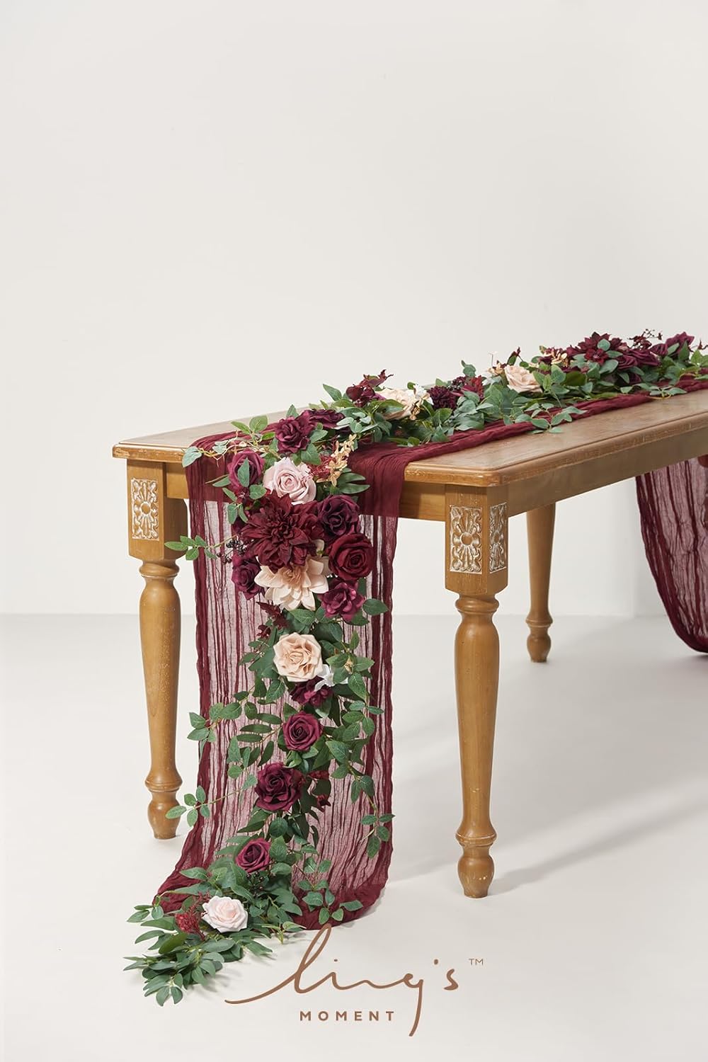 Ling's Moment Flower Garland - 6FT Eucalyptus & Rose - Sweetheart Table Decor for Wedding Reception, Artificial Floral Garland for Mantle, Thanksgiving, Christmas Decoration, Marsala & Blush