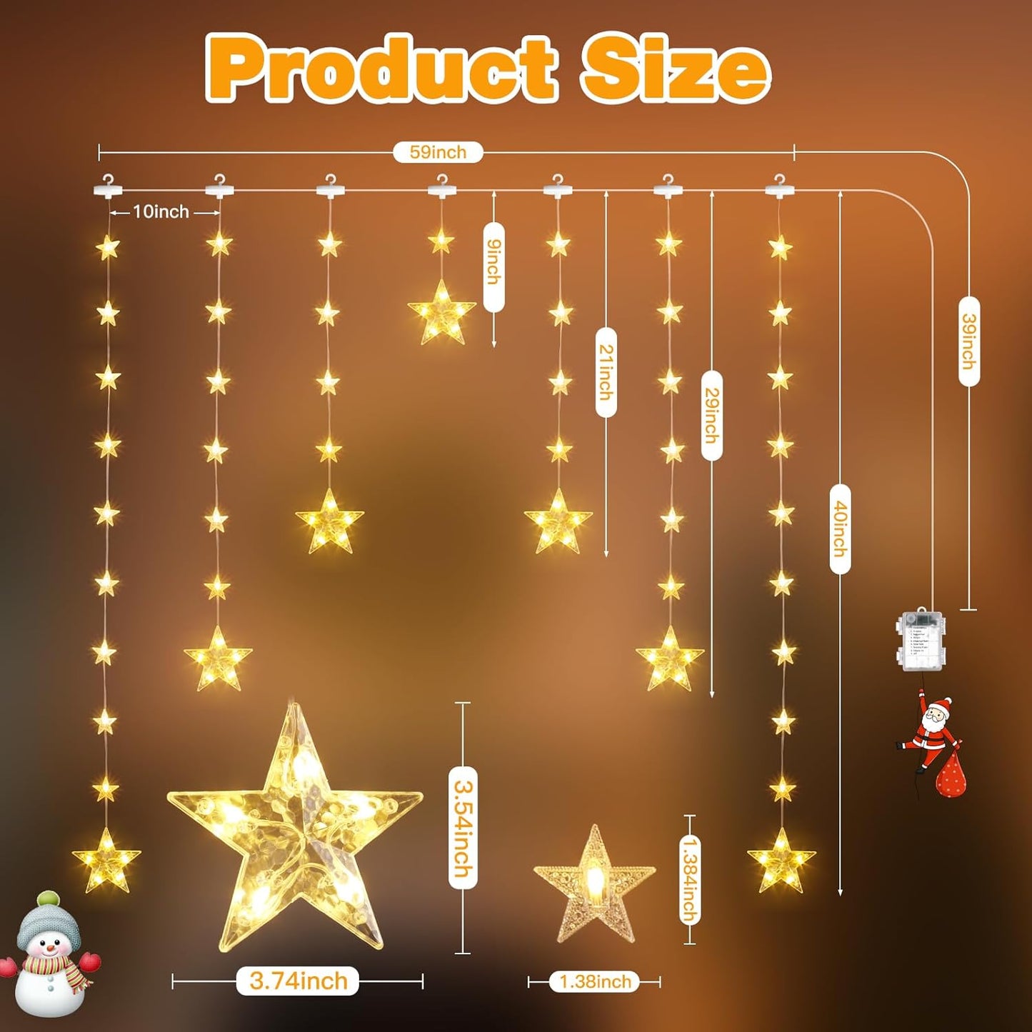 46 Stars Christmas Window Lights, IP65 Waterproof 74 LEDs Twinkle Star Curtain Lights with 8 Modes Timer, Warm White Battery Operated Hanging Christmas Star Decoration for Indoor Outdoor Xmas Bedroom