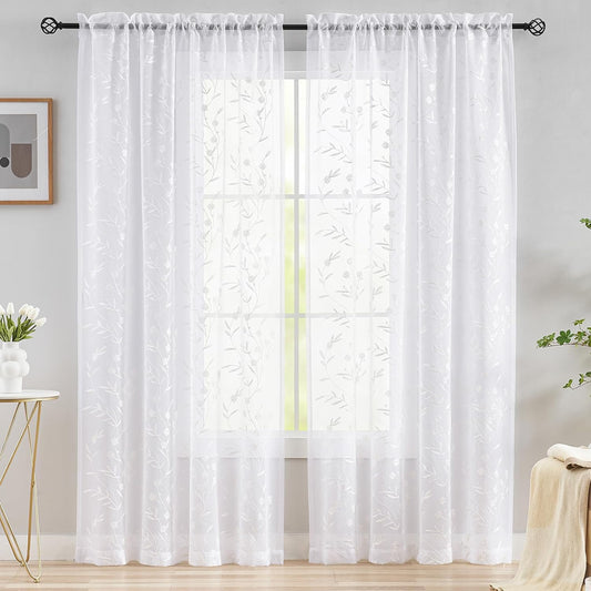 Sheer Curtains Floral Embroidery White 84 Inch Long Rod Pocket Lace Drapes for Living room, Bedroom, 2 Panels, 52"x84", Semi Voile Pattern Outdoor Window Treatment Sets for Yard, Patio, Villa, Parlor.