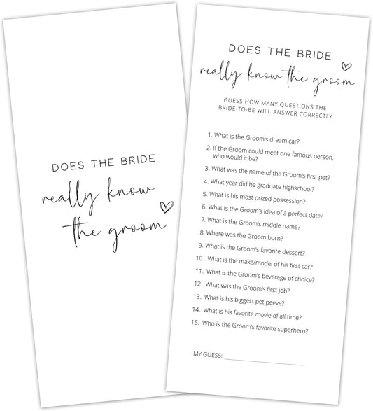 Bridal Shower Games, Does the Bride Really Know the Groom, 25Pcs 4x9inch Minimalist White Double-Sided Bridal Game Cards, Wedding Shower Games for Guests, Engagement Bachelorette Party Supplies - A13