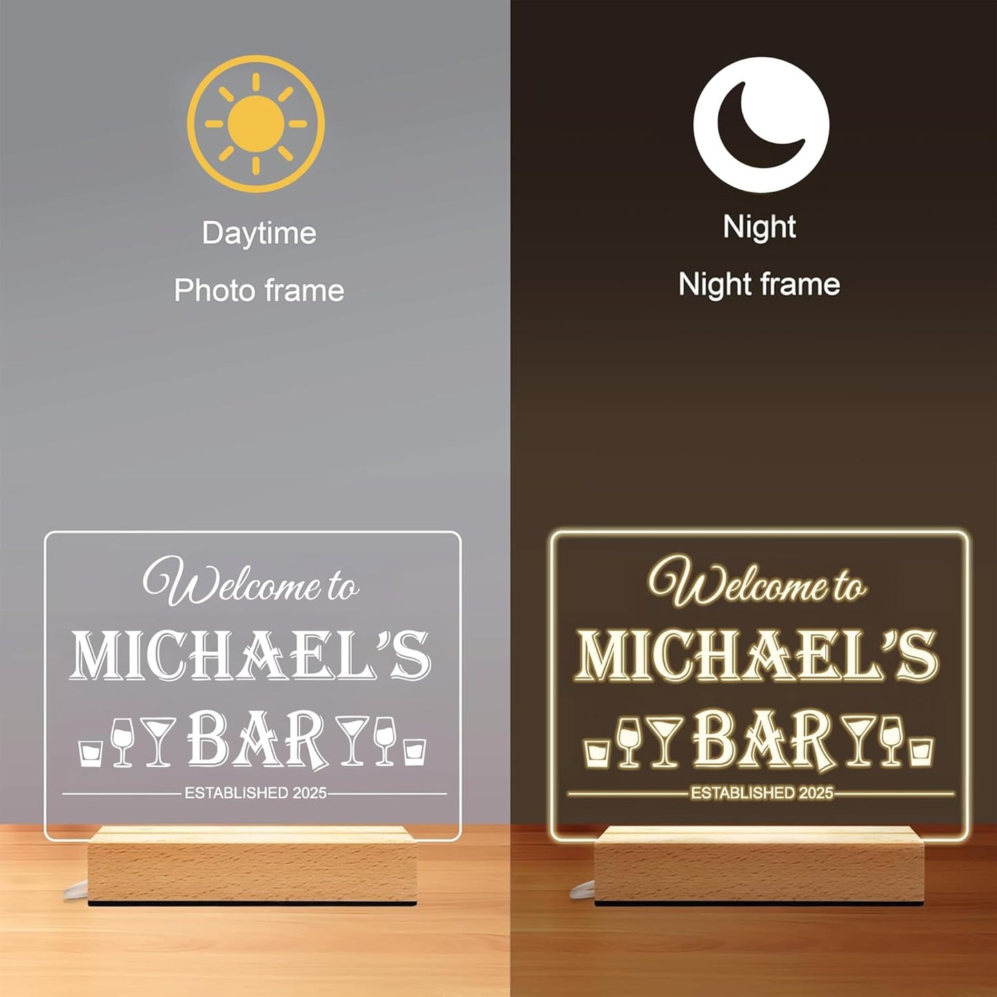 Personalized Bar Gifts for HOME BAR, Custom Name Date Acrylic Light Up Signs, Customized Acrylic Plaque with Night Light, Personalized Night Light for Man Cave Decor