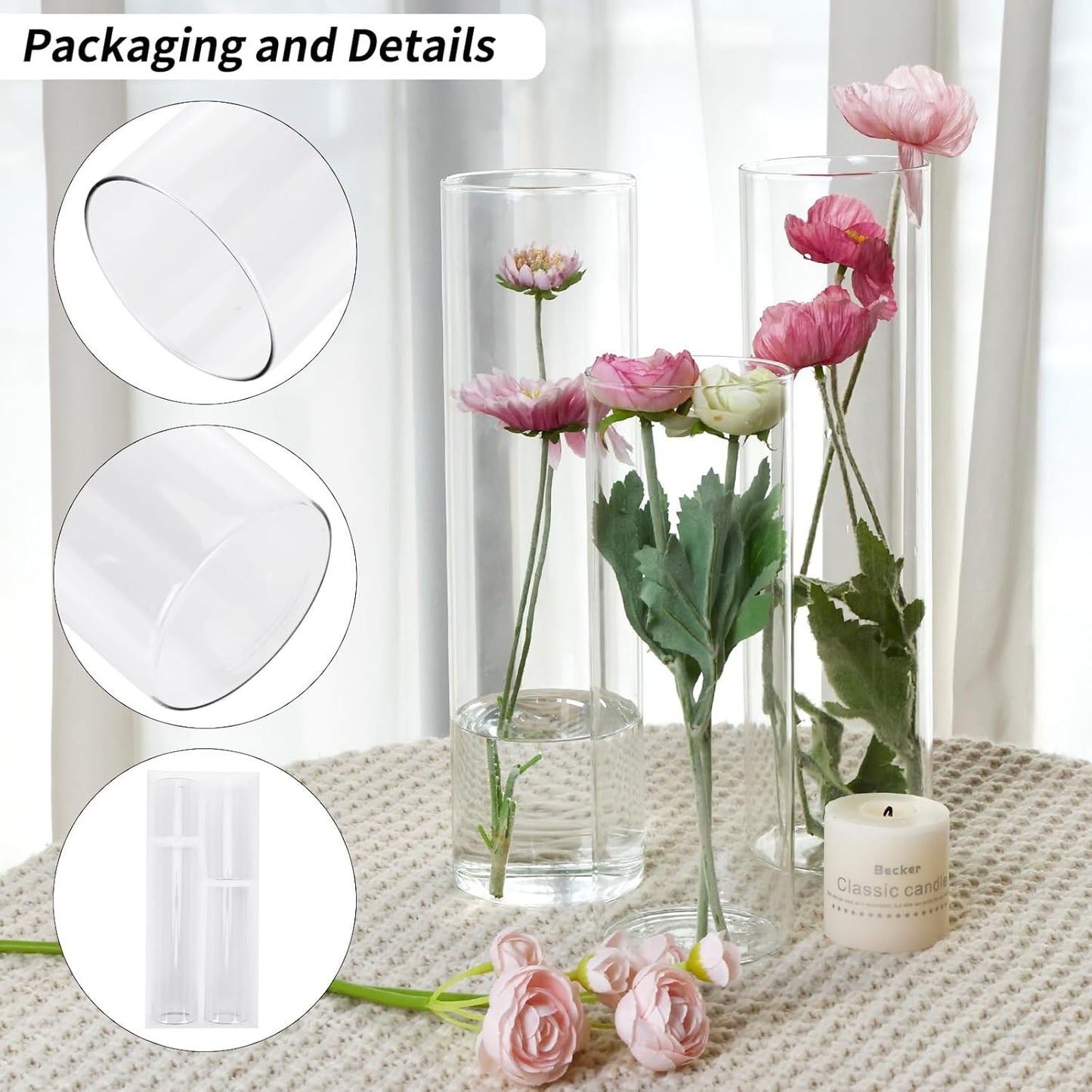 CEWOR 12pcs Glass Cylinder Vase 4, 6.8, 9, 11.8 Inch Glass Candle Holder Clear Vases for Centerpieces Tall Flower Vase for Wedding Home Decor Party 4 Different Sizes