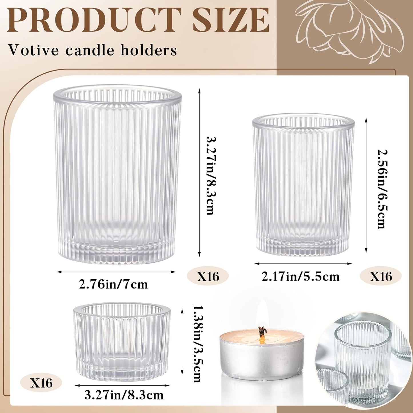 Mumufy 48 Pcs Assorted Votive Candle Holders Ribbed Glass Tealight Candle Holder Bulk for Table Centerpiece, Baby Shower, Home and Wedding Party Decoration (Clear)