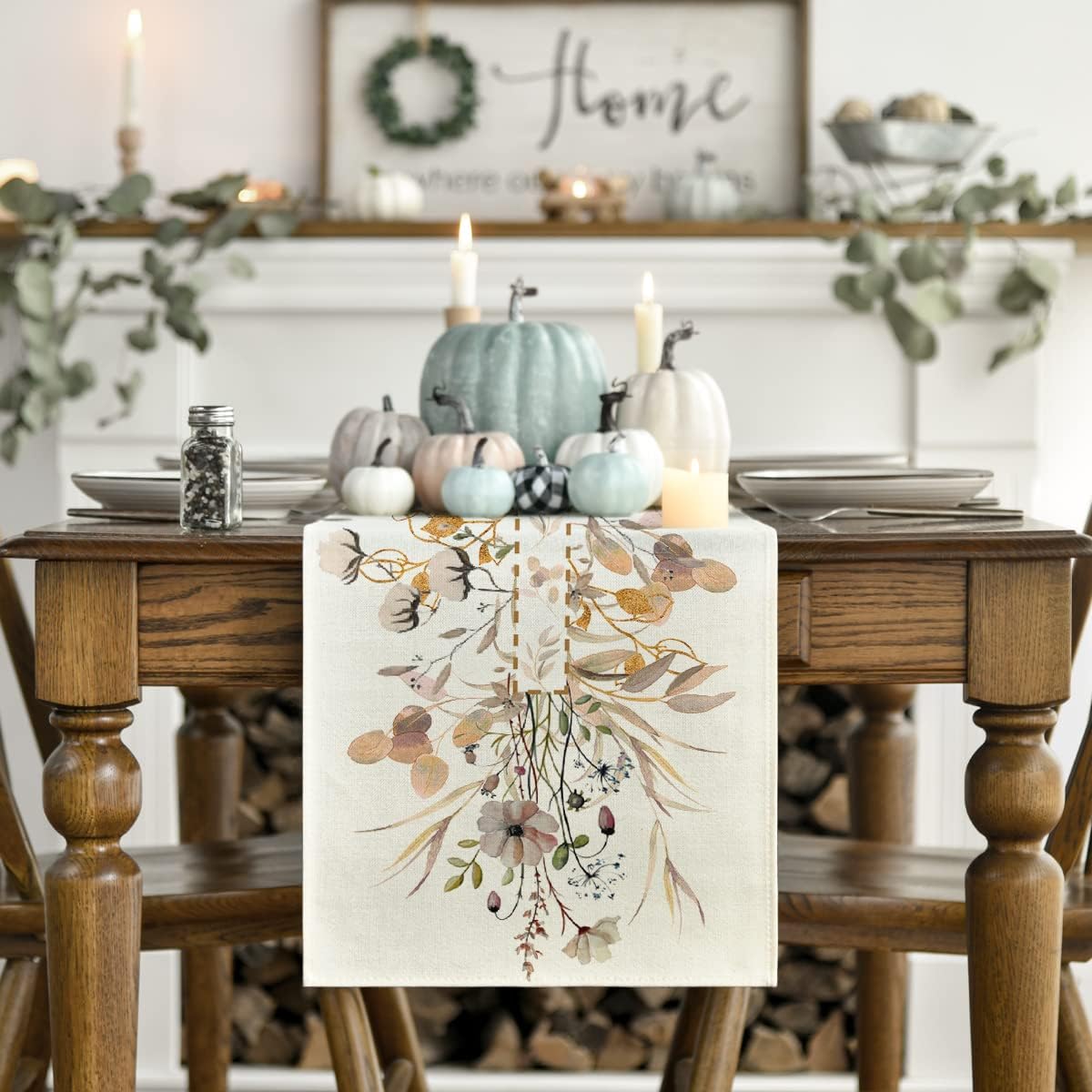 Artoid Mode Wildflower Leaves Floral Fall Table Runner, Autumn Thanksgiving Kitchen Dining Table Decoration for Indoor Outdoor Home Party 13x120 Inch