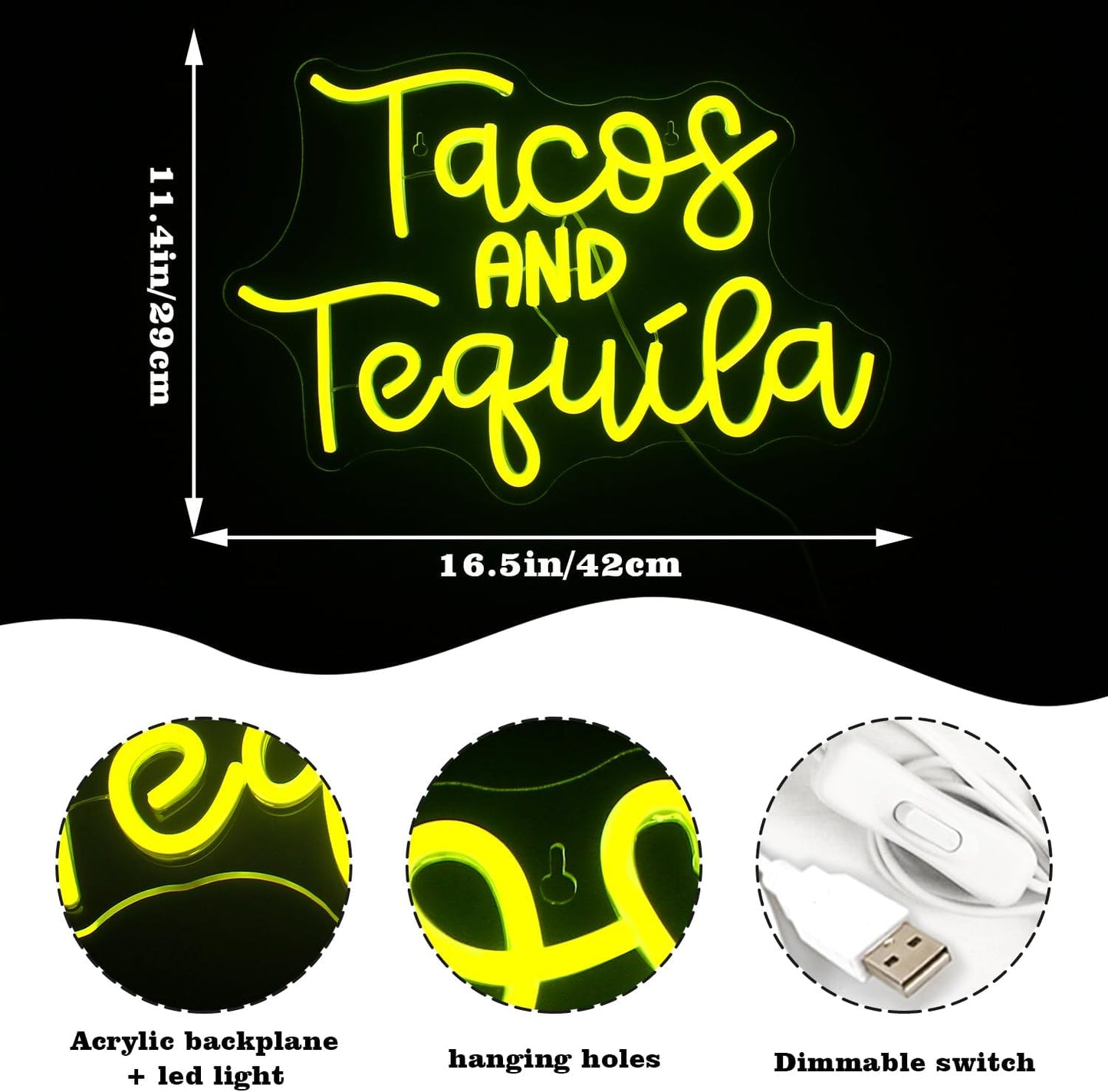 Looklight Tacos and Tequila Neon Sign,Taco Led Neon Signs for Wall Decor,Lemon-yellow Neon Light Sign,Letters USB Connectivity Neon Light Up Sign for Fast Food Shop Bar Kitchen Mexican Restaurant