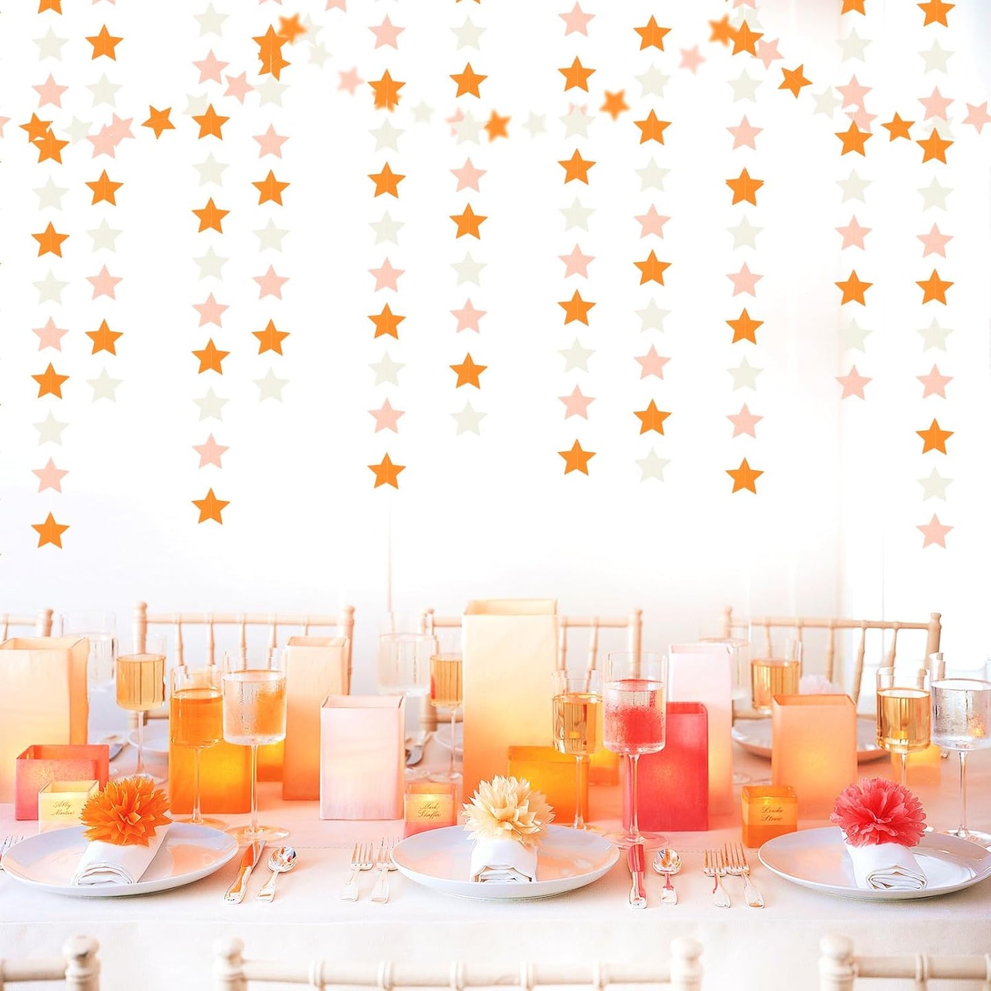 Orange-Beige Peach Party-Decorations Star Garland - 62ft Boho Fall Autumn Streamers Hanging Banner,Thanksgiving Harvest Twinkle Twinkle Little Star Baby Bridal Shower Wedding Engagement Decor Hugtmr