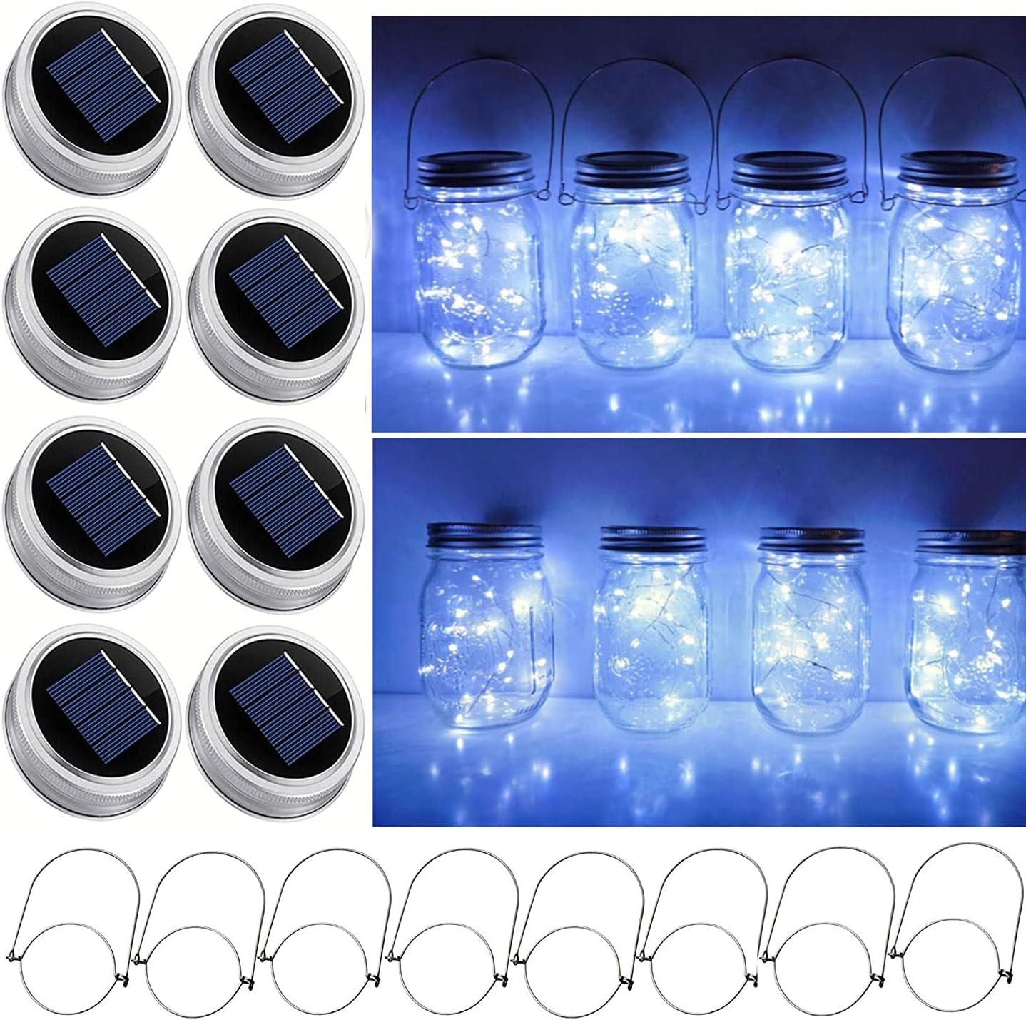 Solar Mason Jar Lid String Lights, 8 Pack 20 Led String Fairy Star Firefly Jar Lids Lights with 8 Hangers Included (Jars Not Included), for Mason Jar Patio Garden Wedding Lantern