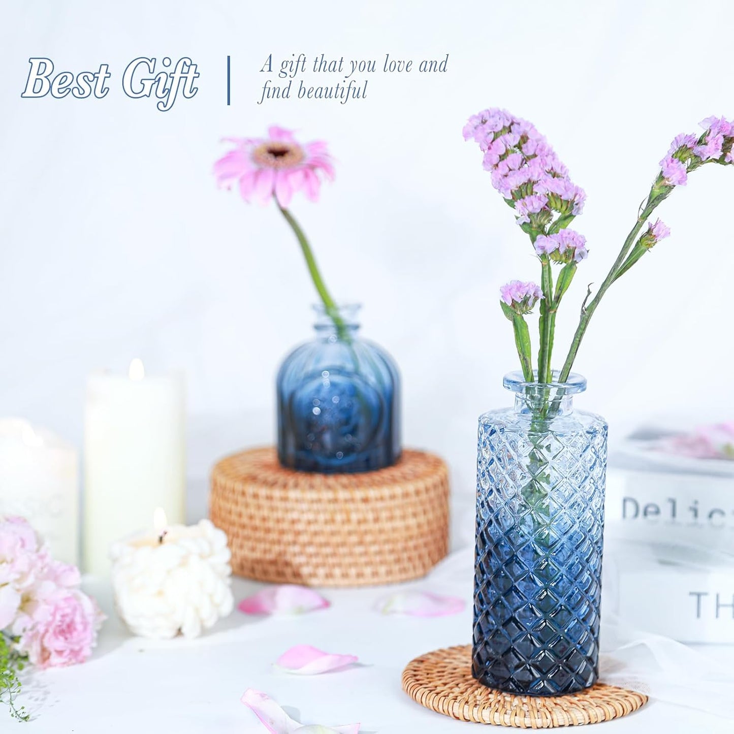 Navy Blue Glass Bud Vases Set of 12, Mini Flower Vase for Centerpieces, Small Glass Vases in Bulk for Wedding Decorations, Vintage Vase Bridal Shower, Party, Graduation, Home Table Décor