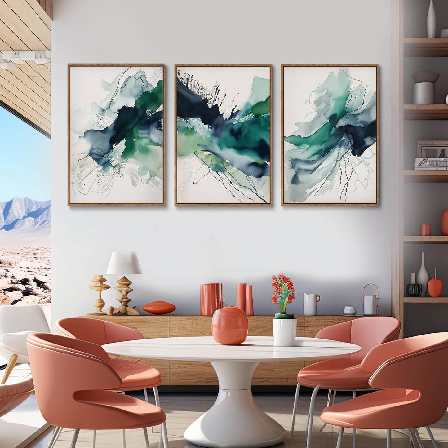 myusuar 3 Piece Large Abstract Framed Wall Art For Living Room, Smoke Texture Ink Emerald Green Canvas Wall Art Modern Minimalist Art Prints Wall Décor For Bedroom Office 24x36in