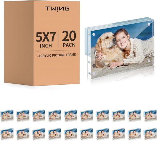 TWING 20 PACK 5 x 7 Inch Acrylic Picture Frame, 7 x 5 Acrylic Photo Frame Horizontal Magnet Double Sided Magnetic Frames Set,12+12 MM Thickness Clear Picture Frame Desktop Display
