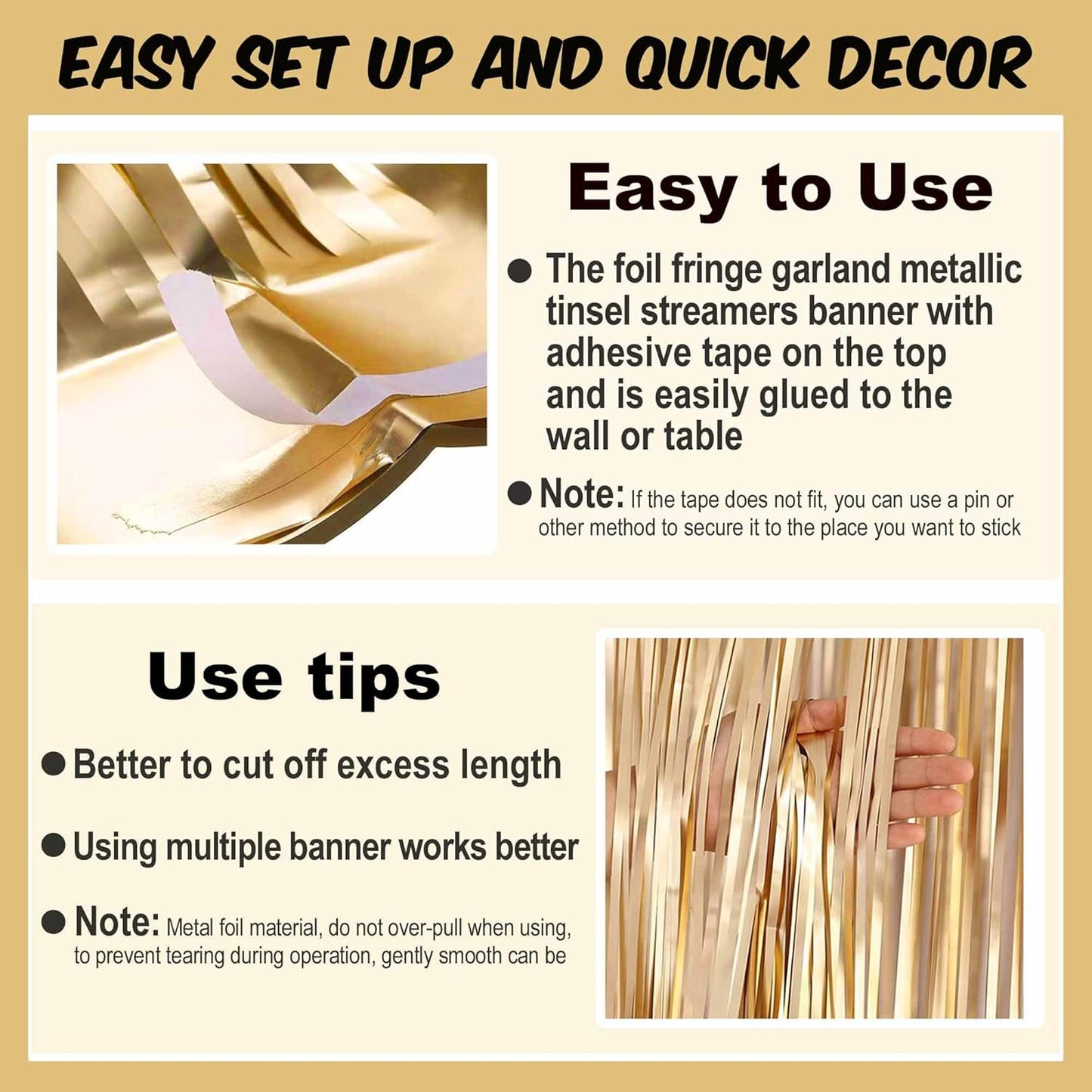 4 Pack 10 Ft Champagne Gold Foil Fringe Garland Metallic Streamers Tinsel Banner Wall Hanging Garland Backdrop for Parade Floats, Halloween, Christmas, Thanksgiving, New Year Party Decorations