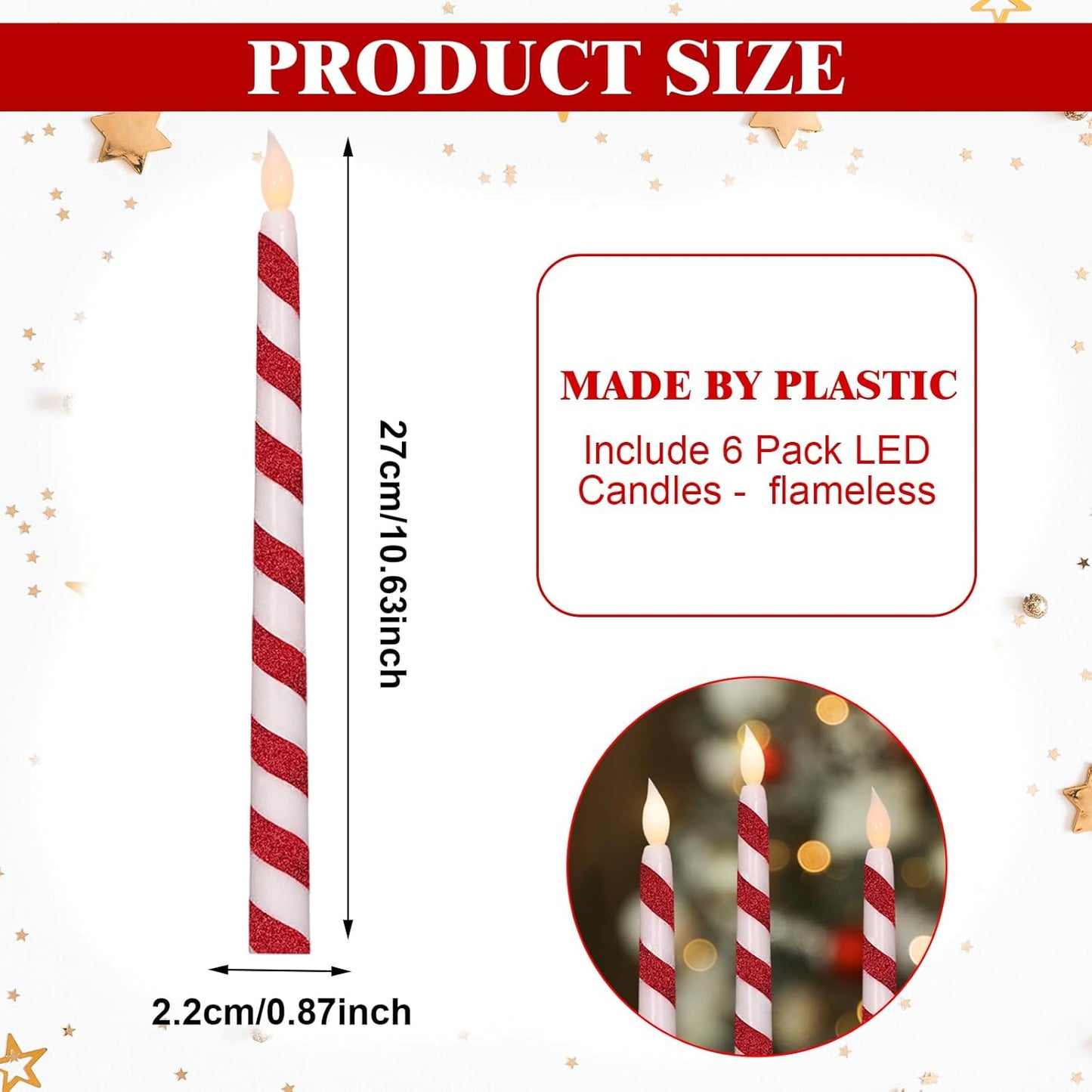 Baquler 6 Pcs Christmas Flameless Taper Candles 10.6 Inch Glitter Candy Cane Candles Battery Operated LED Christmas Candlesticks for Xmas Centerpiece Holiday Party Decor