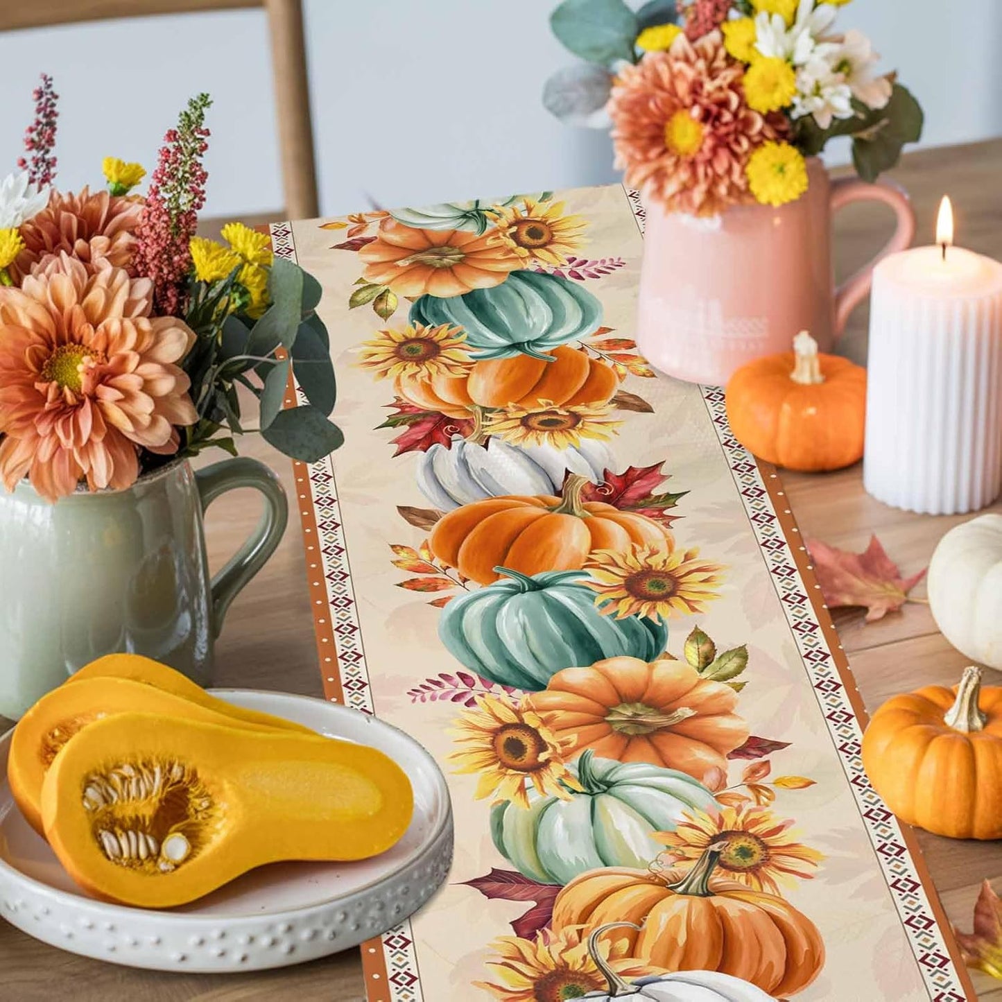 Fall Thanksgiving Southwest Cotton Linen Table Runner for Dining Kitchen, Orange Pumpkins Wedding Outdoor Party Rustic Tablerunners Decoration, Sunflower Dresser Scarf Tablecloth Runners 13x36 Inches