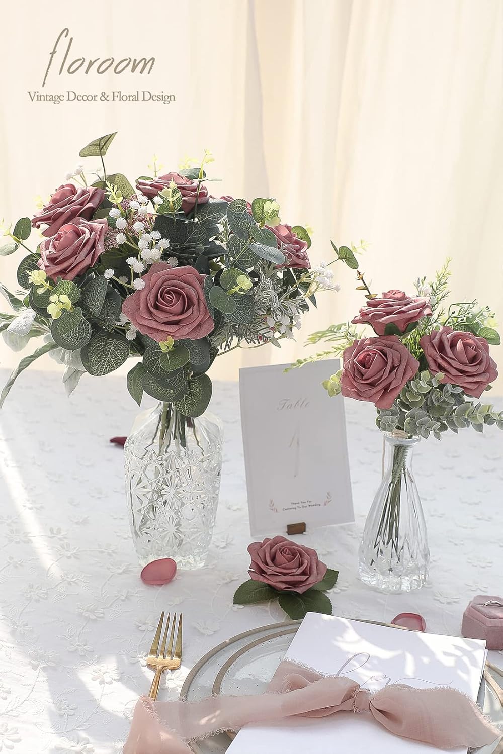 Floroom Artificial Flowers 25pcs Real Looking Dusty Rose Foam Fake Roses with Stems for DIY Wedding Bouquets Bridal Shower Centerpieces Floral Arrangements Party Tables Home Decorations