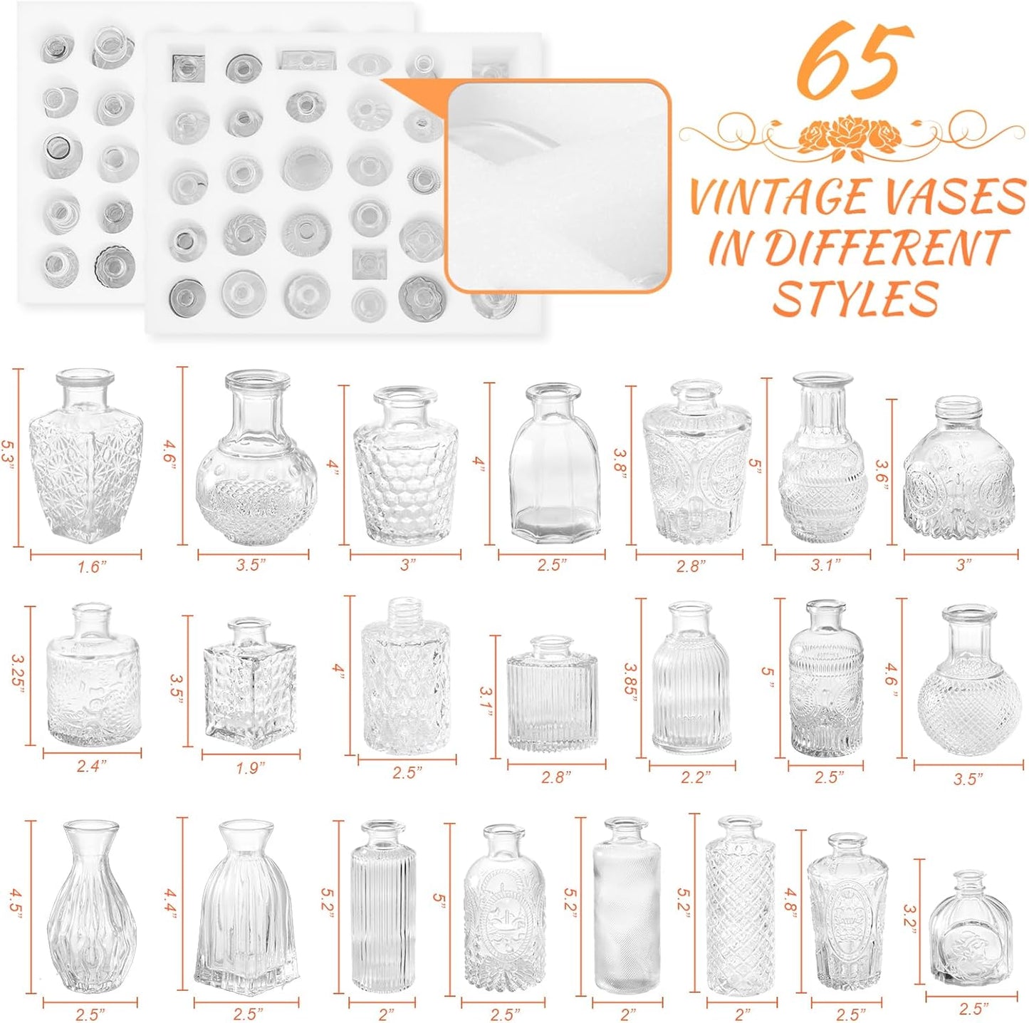 65PCS Glass Bud Vase Set, Different Small Vases for Flowers, Clear Centerpieces, Mini in Bulk Rustic Wedding Decorations, Vintage Look Home Table Flower Decor