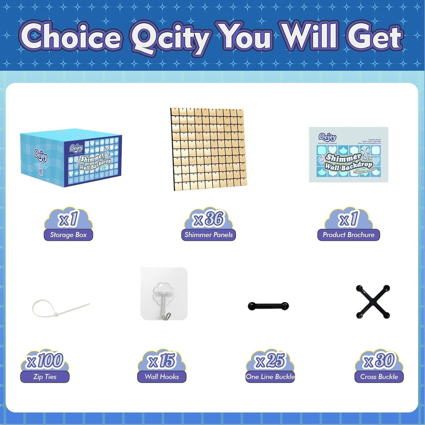 Qcity Champagne Gold Shimmer Wall Backdrop 36PCS, Black Back Not See-Through Design, Square Sequin Glitter Backdrop Panel, Perfect for Outdoor Events, Birthdays, Wedding and Party Decoration