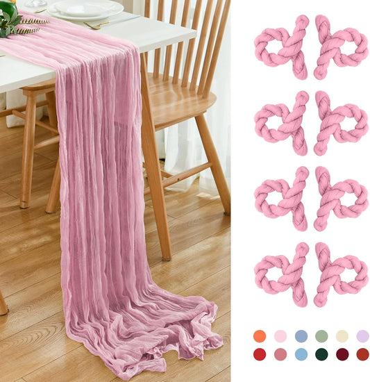 8 Pack 10Ft Table Runner 35x120 inch Pink Boho Gauze Table Cheese Cloth Long Wrinkled Sheer Table Runner for Wedding Bridal Shower Birthday Party Table Decor