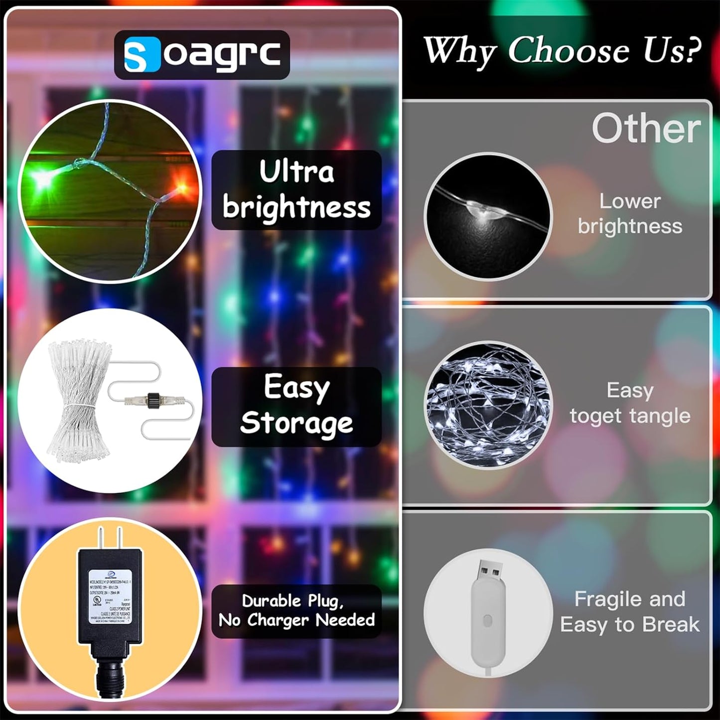 300 LED Rainbow Curtain String Lights 9.8 * 9.8FT Plug in Fairy with Timer and 8 Modes, Waterproof Window Wall Lights for Bedroom Wedding Party Indoor Outdoor Christmas Decor