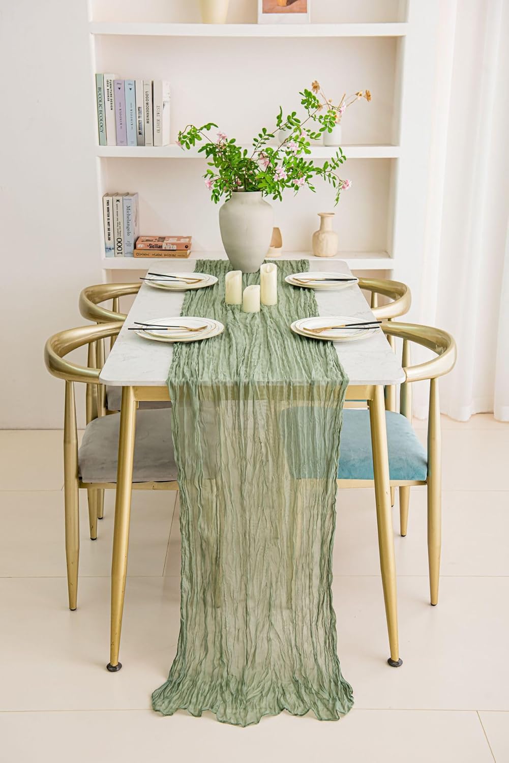 12 Pack Sage Green 10Ft Cheesecloth Table Runner 20x120 Inch Boho Wrinkled Sheer Romantic Gauze Decor for Wedding, Bridal Shower, Birthday Party