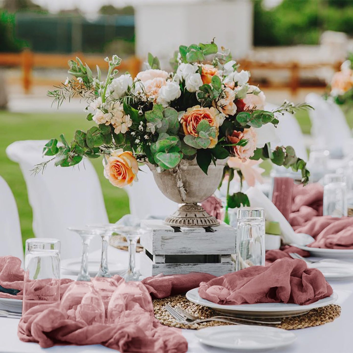 Hahuho Dusty Pink Cheesecloth Table Runner 10ft, Gauze Boho Rustic Table Runners for Wedding Birthday Party Baby Shower Decorations（6 Pack , 35x120 Inches）