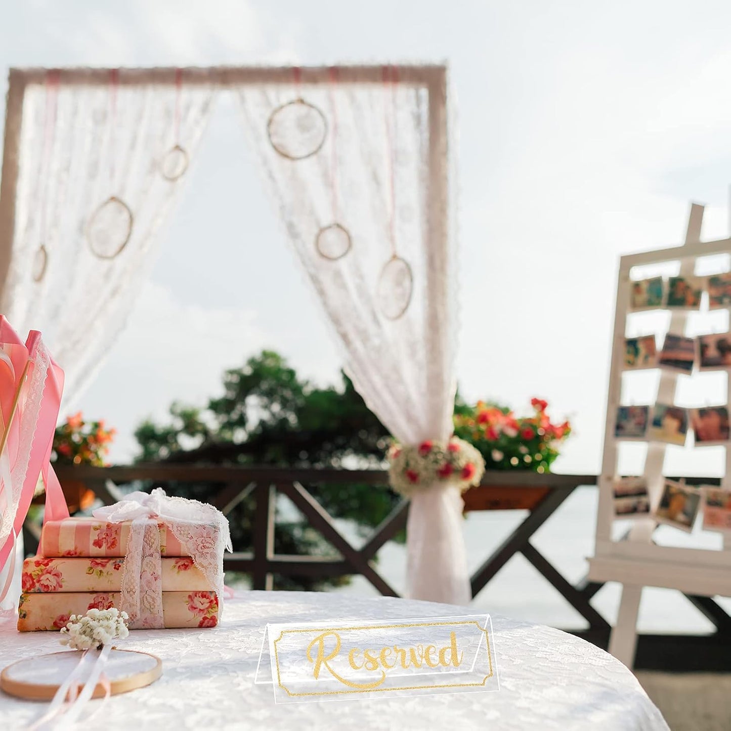 Jetec 16 Pieces Reserved Sign Acrylic Clear Reserved Table Tent Signs Table Number Holders for Wedding Printed Seating Reservation Restaurant Business Office Meeting Party (Gold)