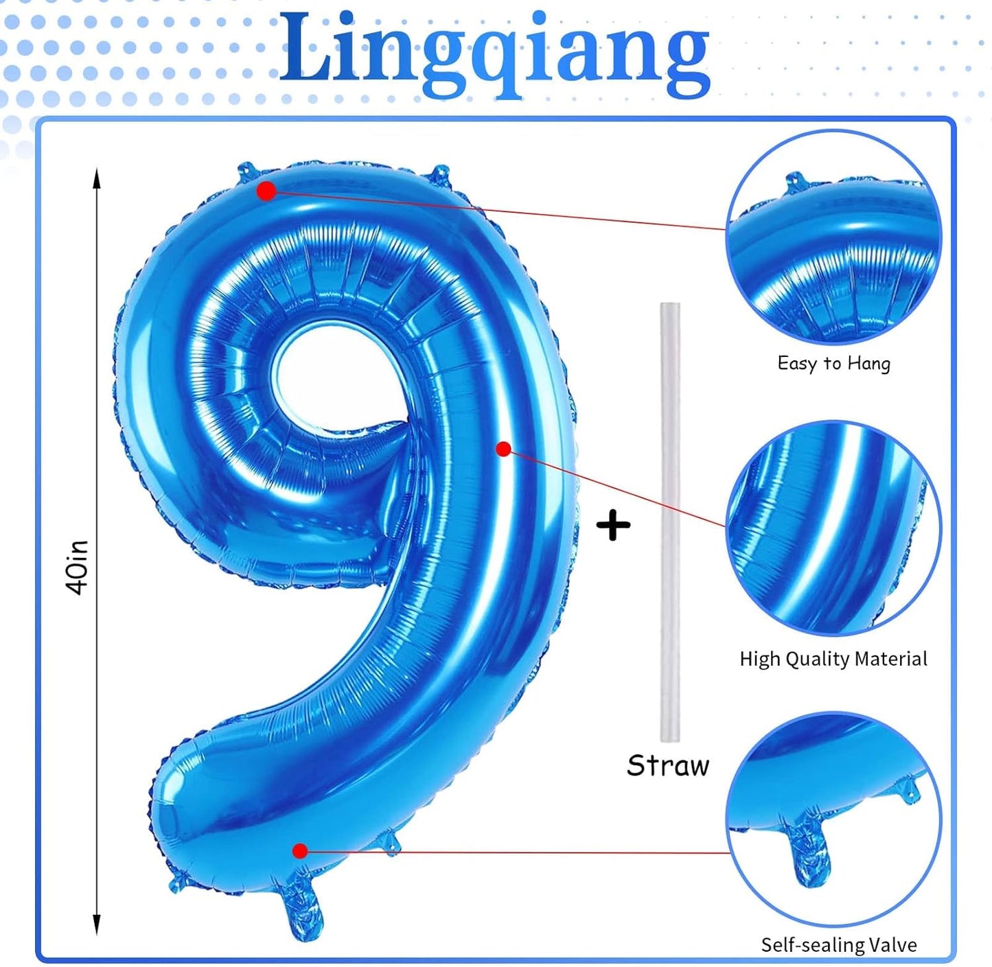 Blue Number 9 Balloons, 40 Inch 9th Birthday Foil Balloon for Boys, Giant Self Inflating Helium Mylar Foil Number Balloons 0-9 for Men 9th Anniversary Graduation Birthday Party Decorations Supplies