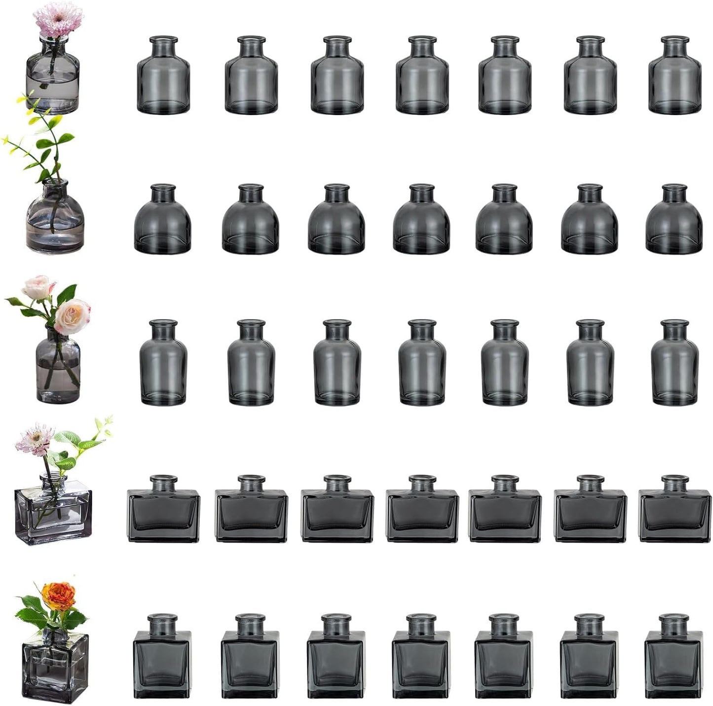 Glasseam Bud Flower Vases in Bulk: 40 Glass Cute Small Vases for Centerpieces Vintage Mini Wedding Birthday Party Table Centerpieces Tiny Baby Shower Dining Room Decoration Black Grey
