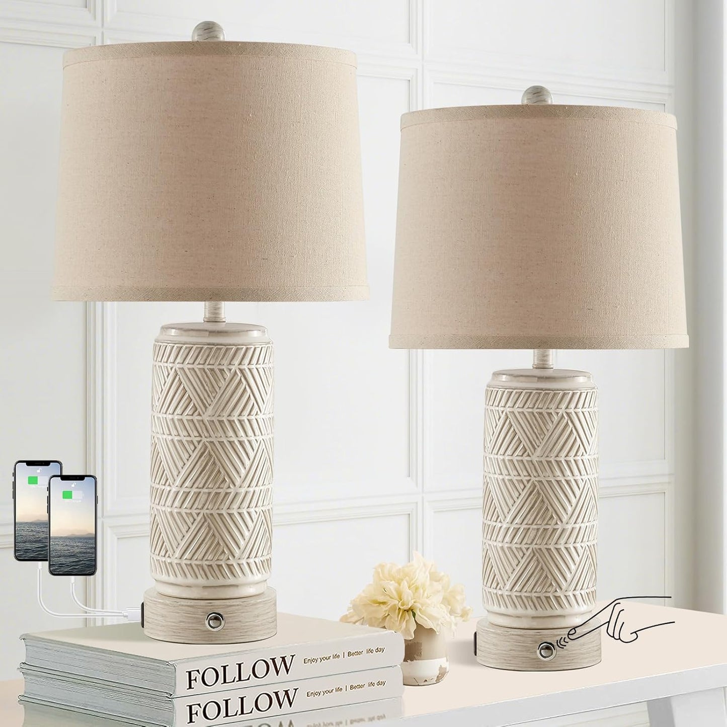 RORIA Set of 2 Rustic Touch Ceramic Table Lamps for Living Room, 3-Way Dimmable Nightstand Lamp with Dual USB Charging Ports, Linen Shade Bedside Bedroom Table Lamp, Bulbs Included